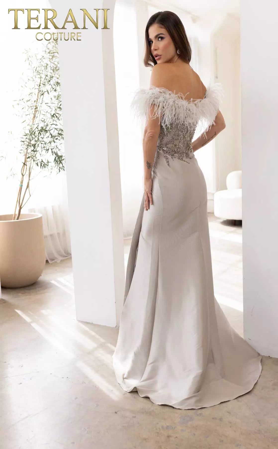 Terani Couture 241E2490 Trumpet Off-Shoulder Sparkly Column Evening Dress