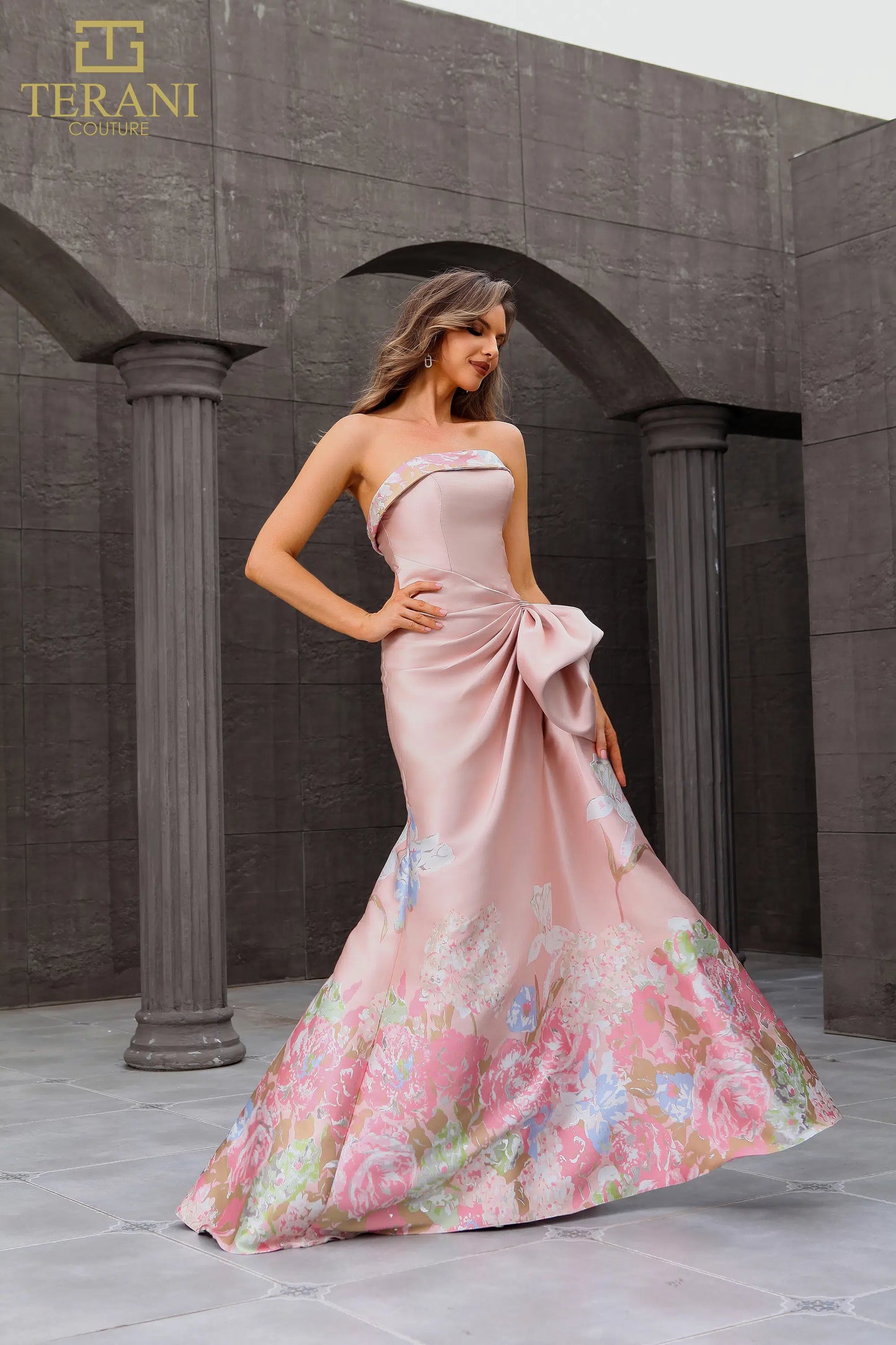 Terani Couture 241E2494 Jacquard Strapless Straight Long Trumpet Evening Dress