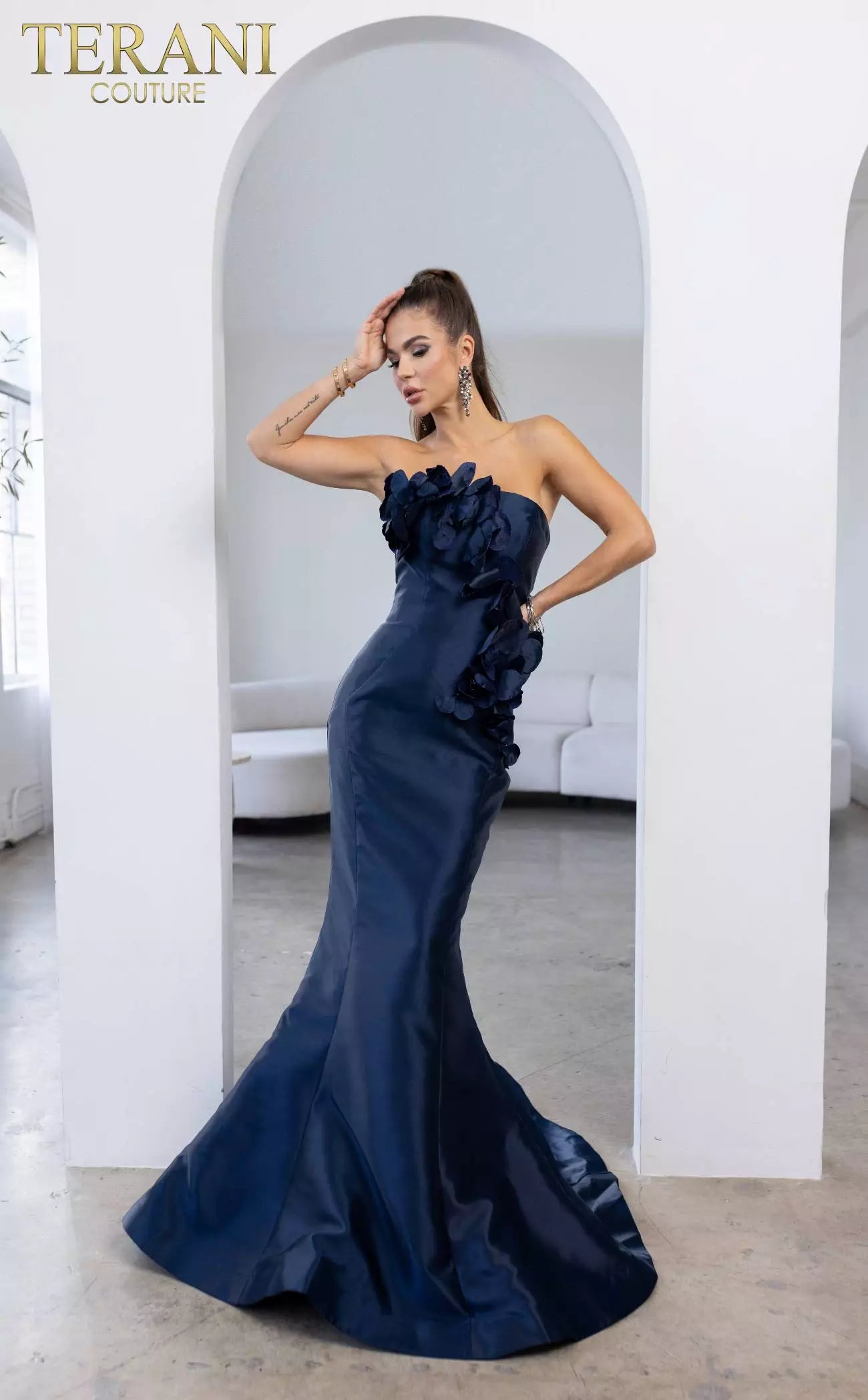 Terani Couture 241E2512 Strapless Mikado Midnight Column Evening Dress