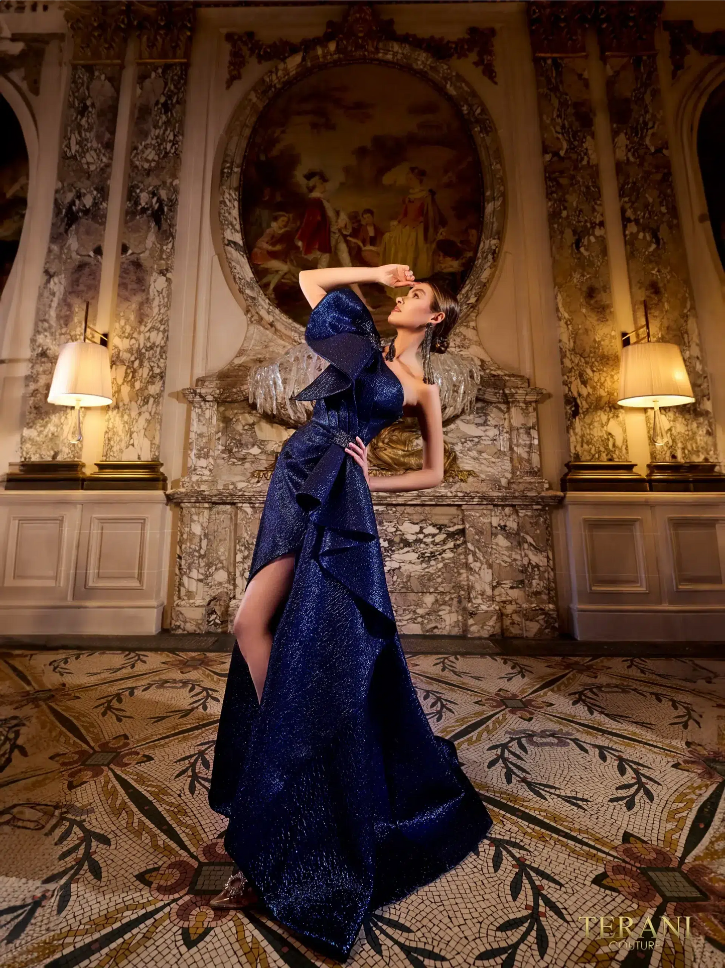 Terani Couture 241E2515 Metallic Jacquard One Shoulder Long Ballgown Dress