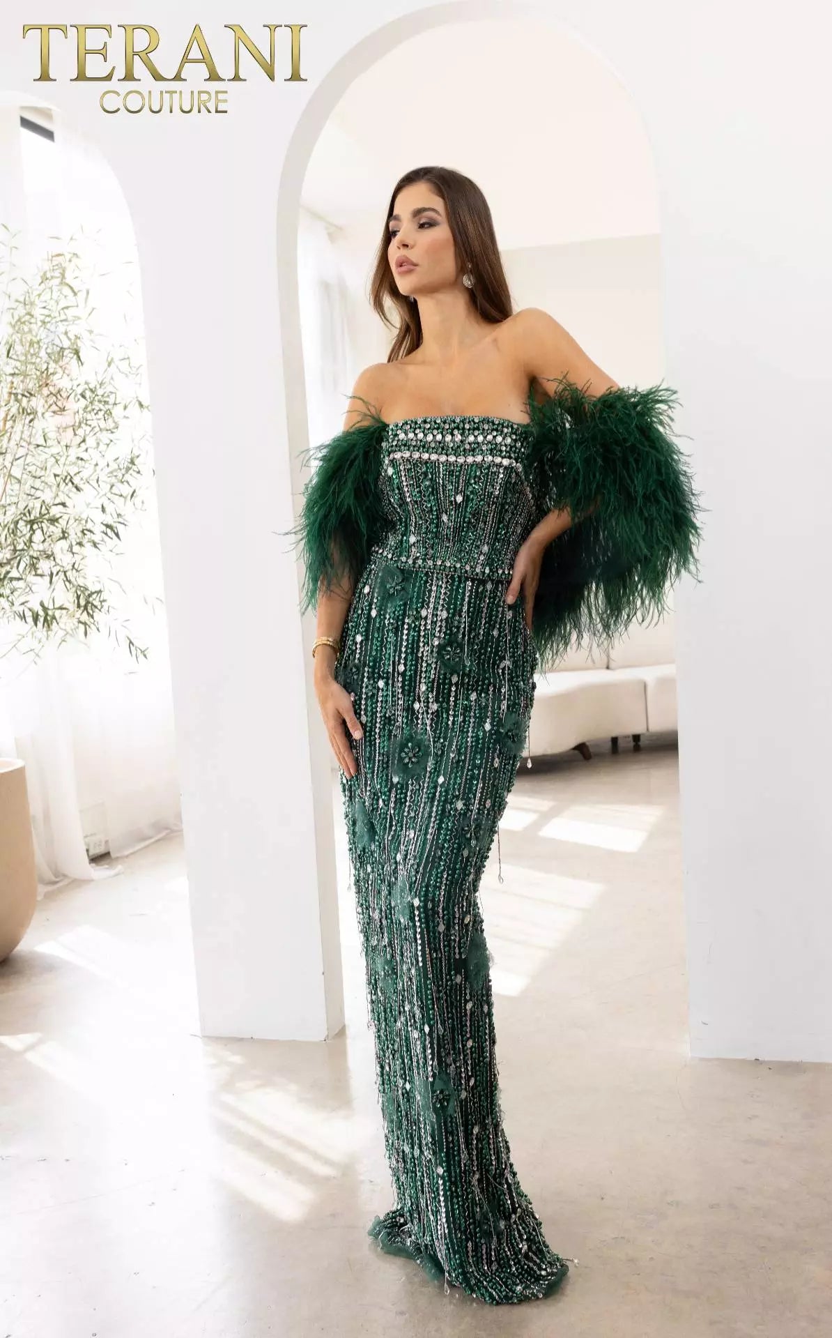 Terani Couture 241GL2603 V-Line Off-Shoulder Hunter Green Tulle Column Evening Dress