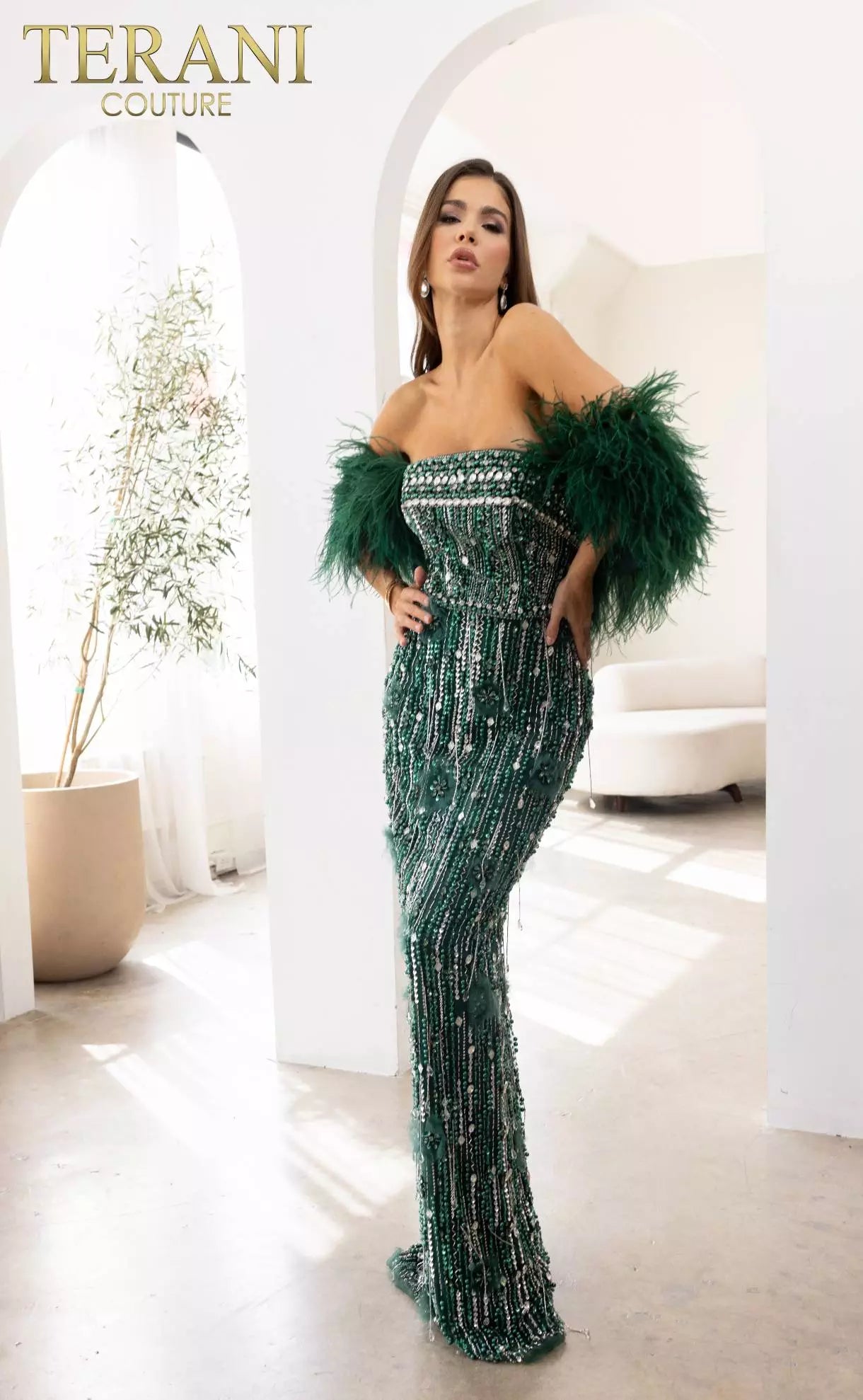 Terani Couture 241GL2603 V-Line Off-Shoulder Hunter Green Tulle Column Evening Dress