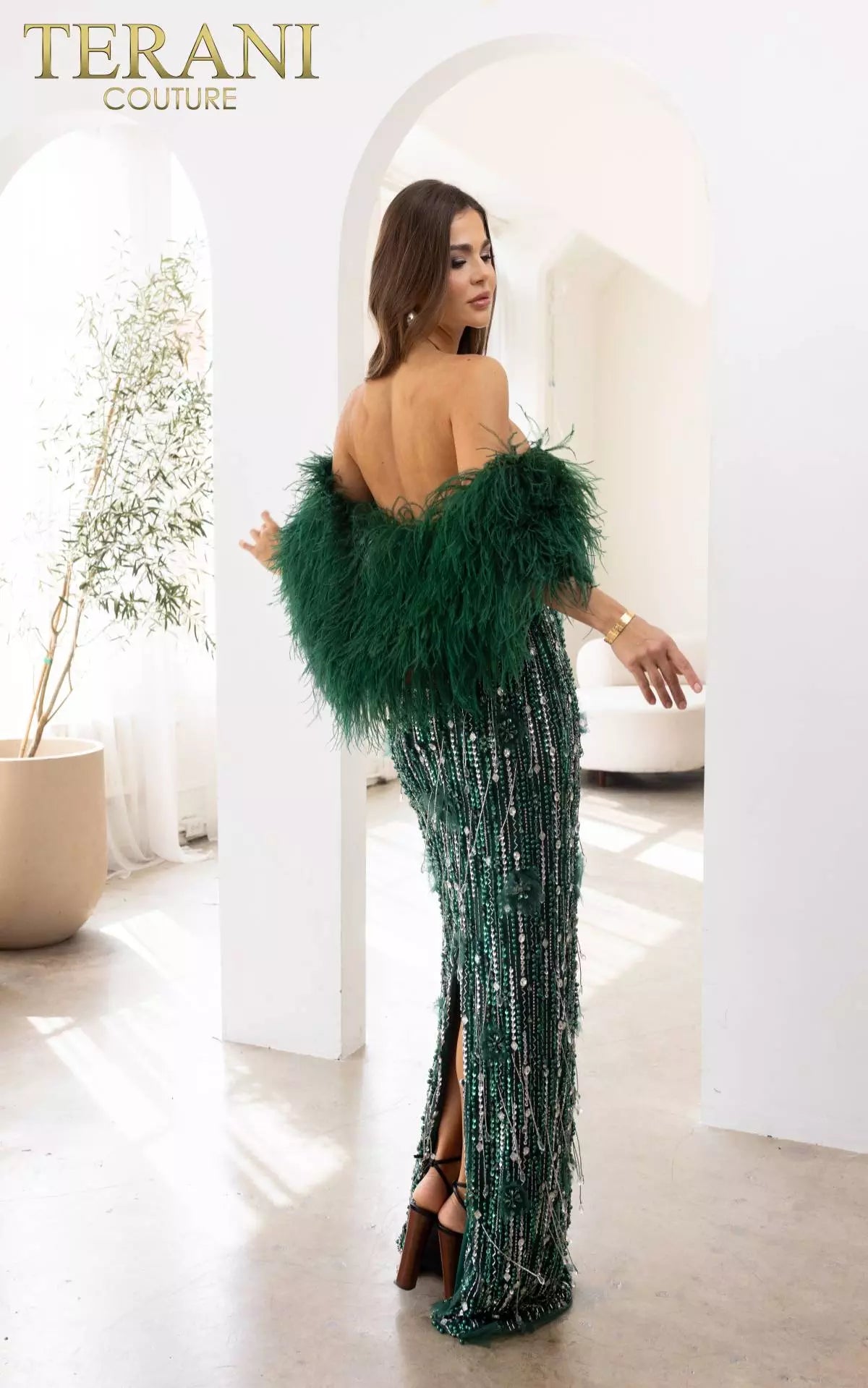 Terani Couture 241GL2603 V-Line Off-Shoulder Hunter Green Tulle Column Evening Dress