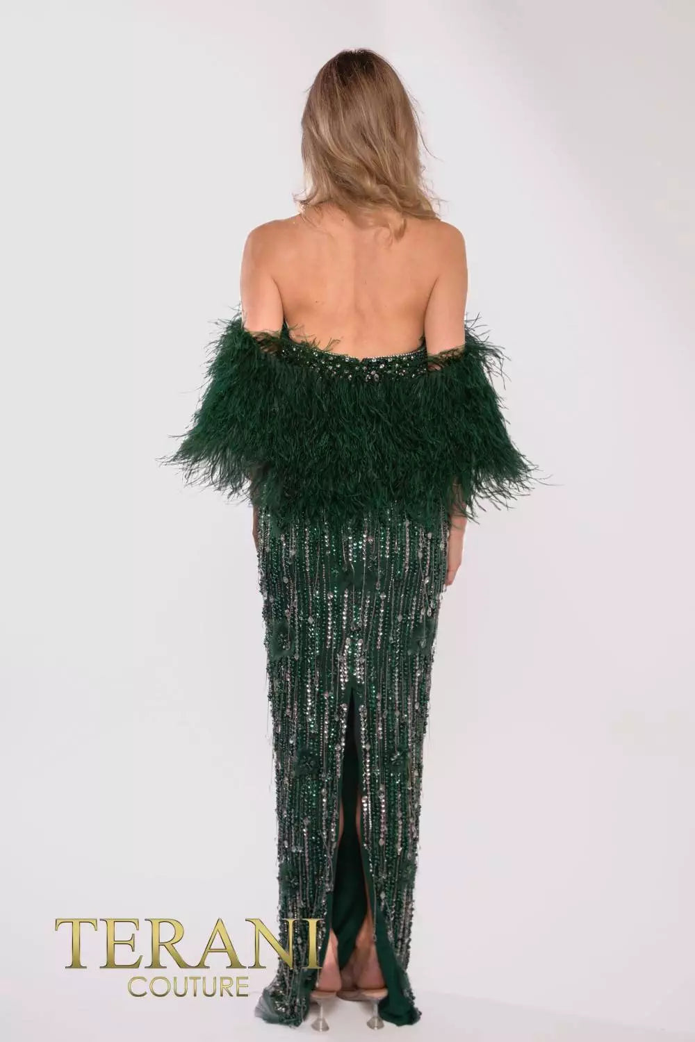 Terani Couture 241GL2603 V-Line Off-Shoulder Hunter Green Tulle Column Evening Dress