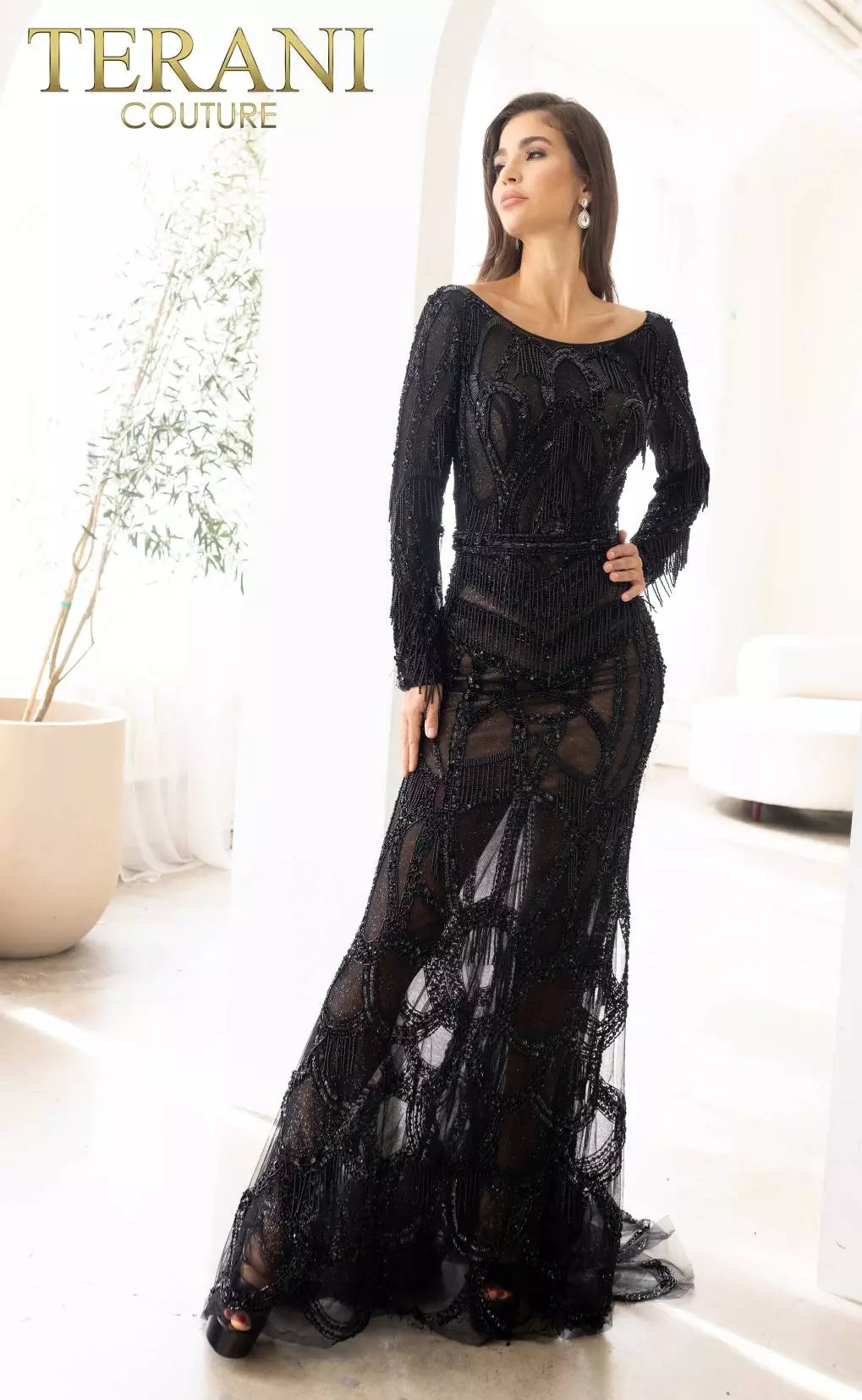 Terani Couture 241GL2610 Trumpet Boat Long Sleeves Tulle Black Nude Evening Dress