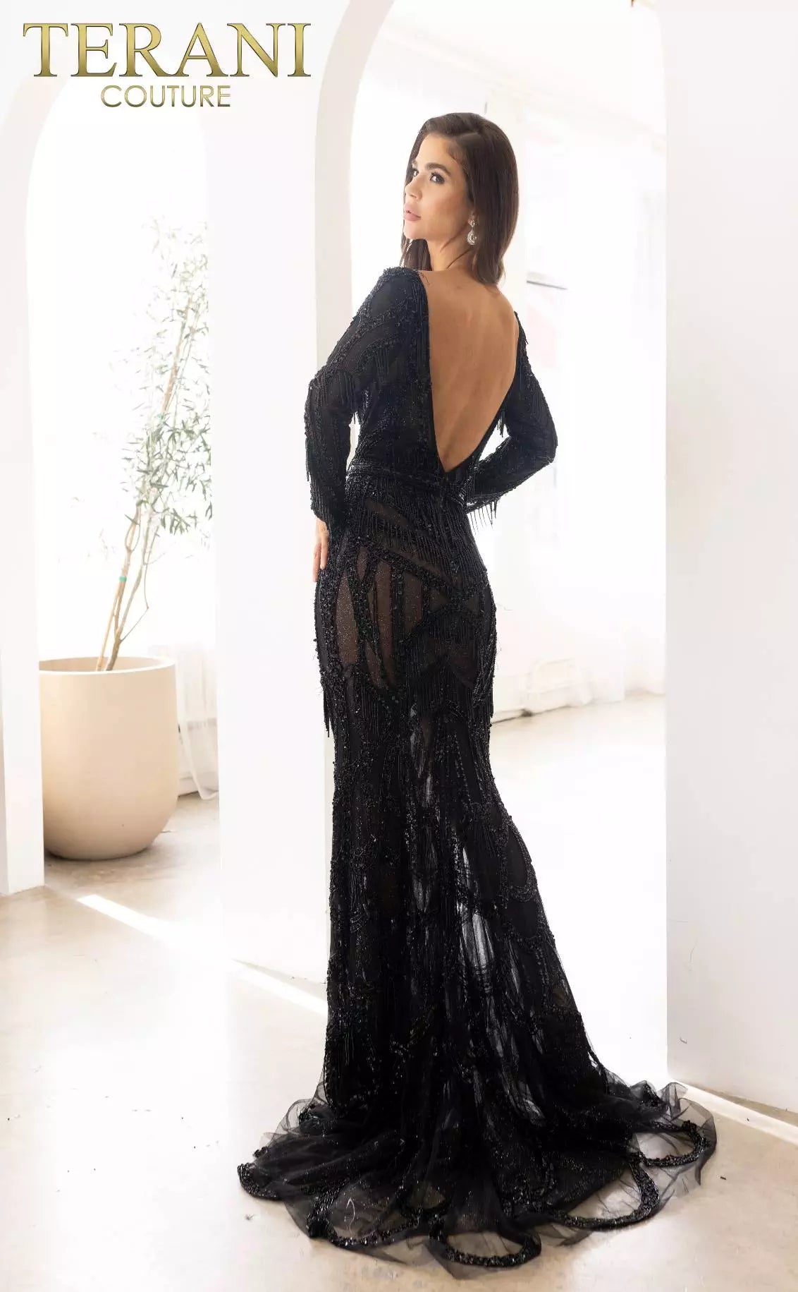Terani Couture 241GL2610 Trumpet Boat Long Sleeves Tulle Black Nude Evening Dress