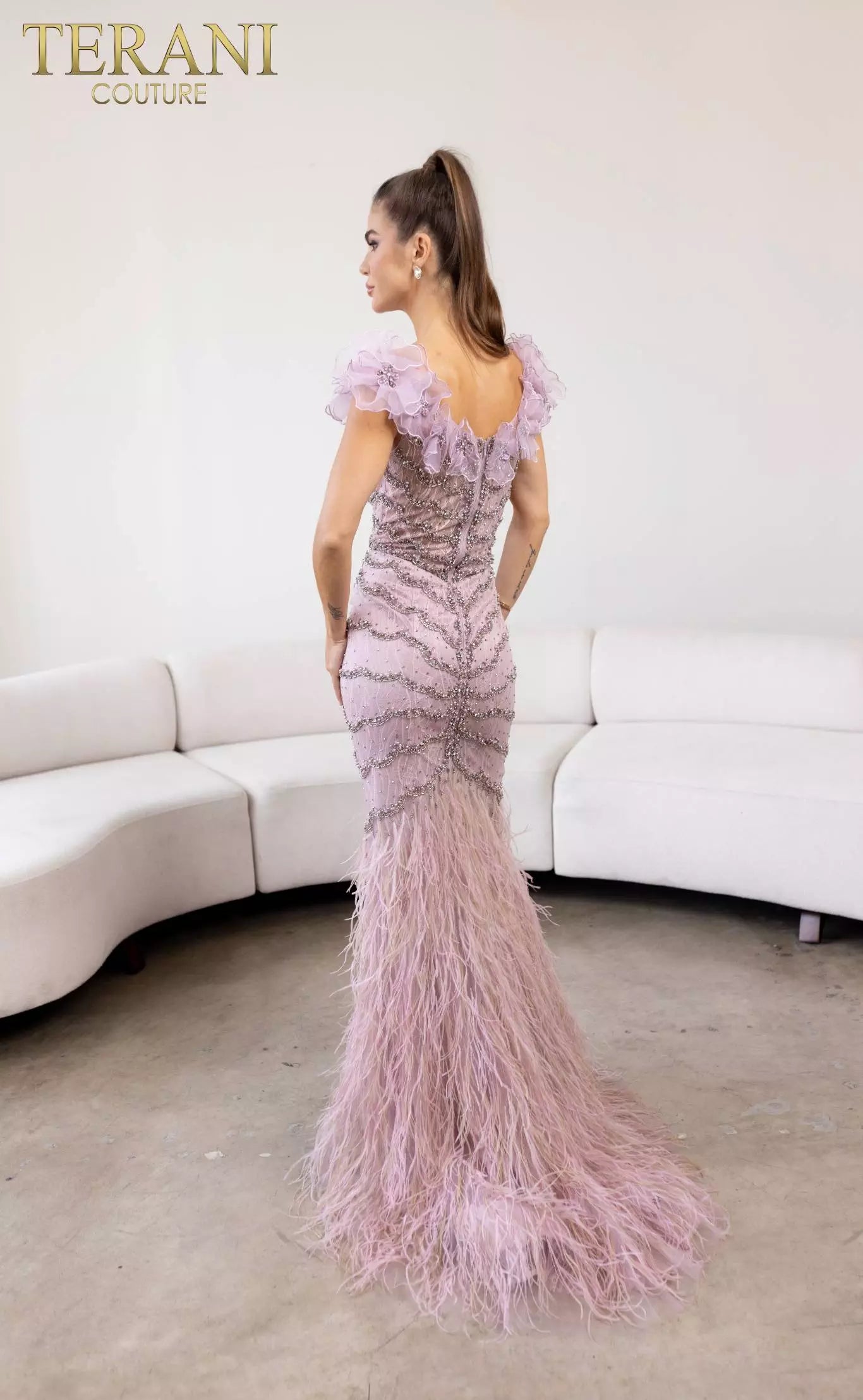 Terani Couture 241GL2630 Trumpet Plunging Neck Tulle Lilac Column Evening Dress