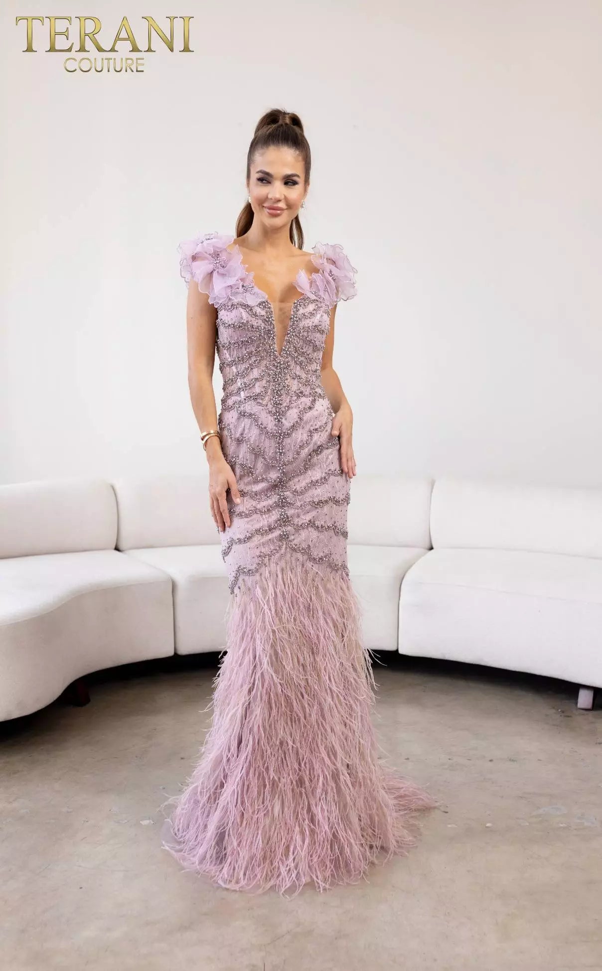 Terani Couture 241GL2630 Trumpet Plunging Neck Tulle Lilac Column Evening Dress