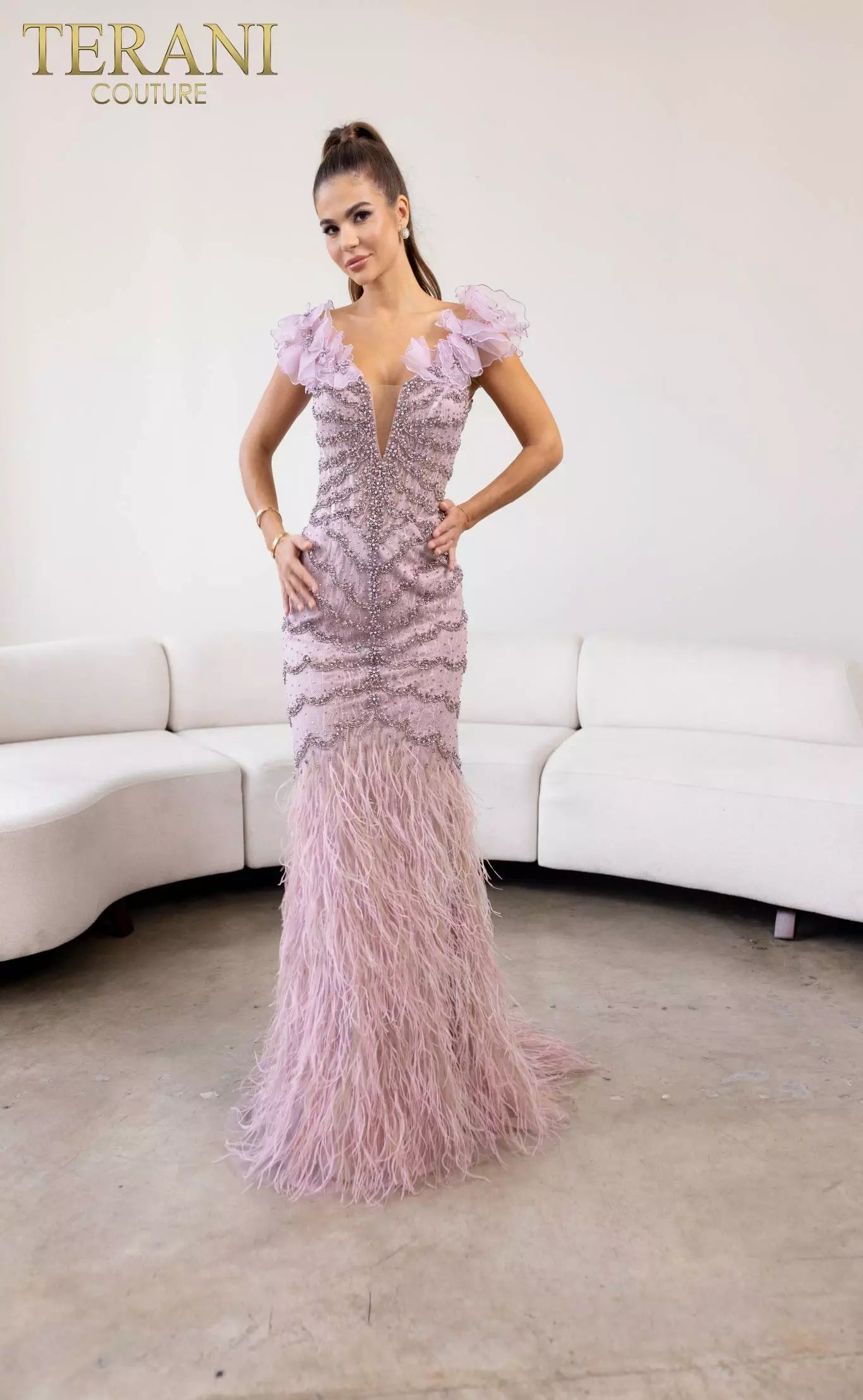 Terani Couture 241GL2630 Trumpet Plunging Neck Tulle Lilac Column Evening Dress