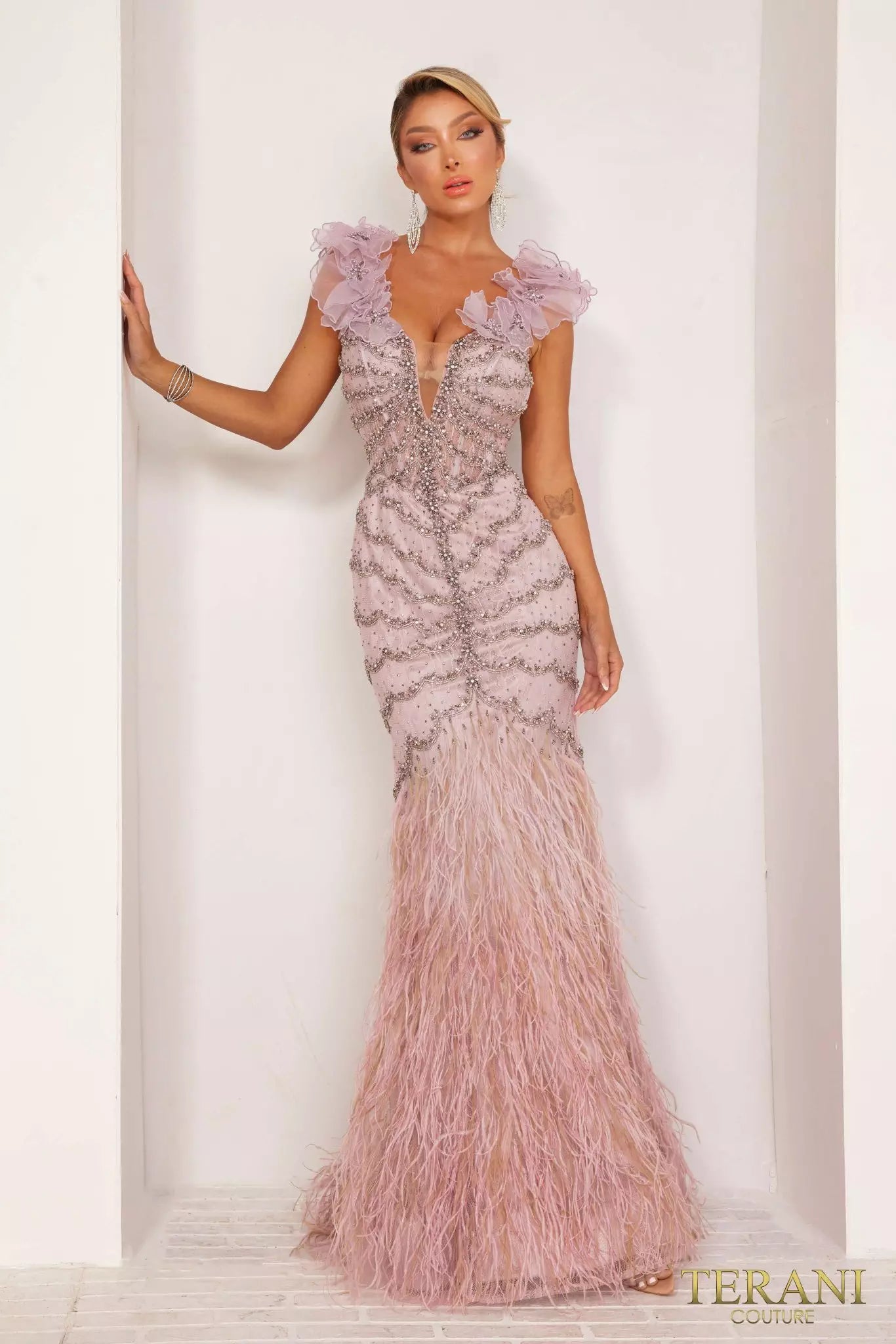 Terani Couture 241GL2630 Trumpet Plunging Neck Tulle Lilac Column Evening Dress