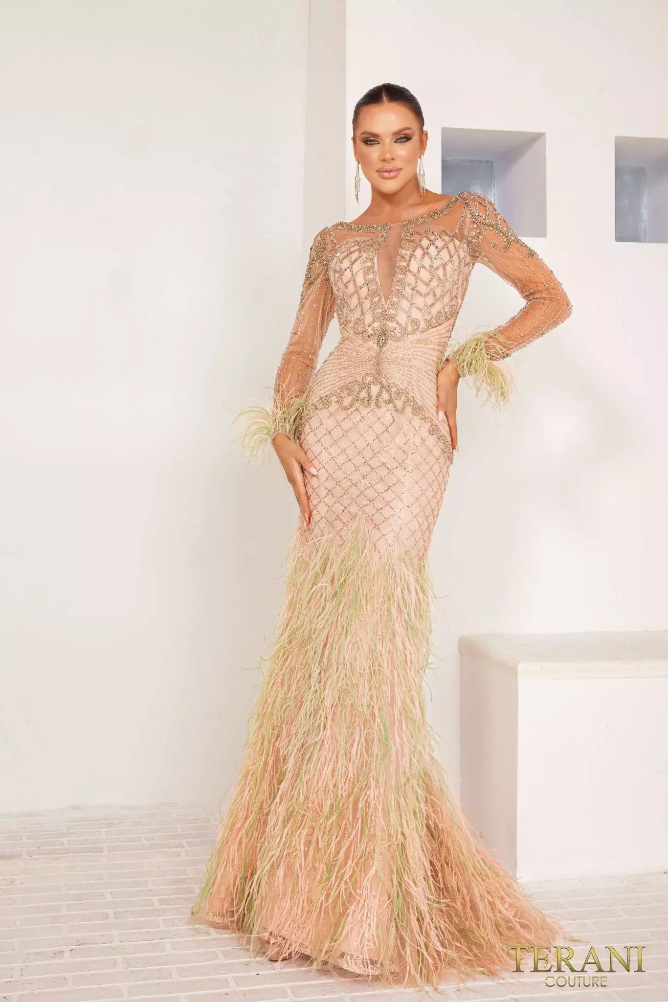 Terani Couture 241GL2631 Long Sleeves Tulle Sage Champagne Trumpet Evening Dress
