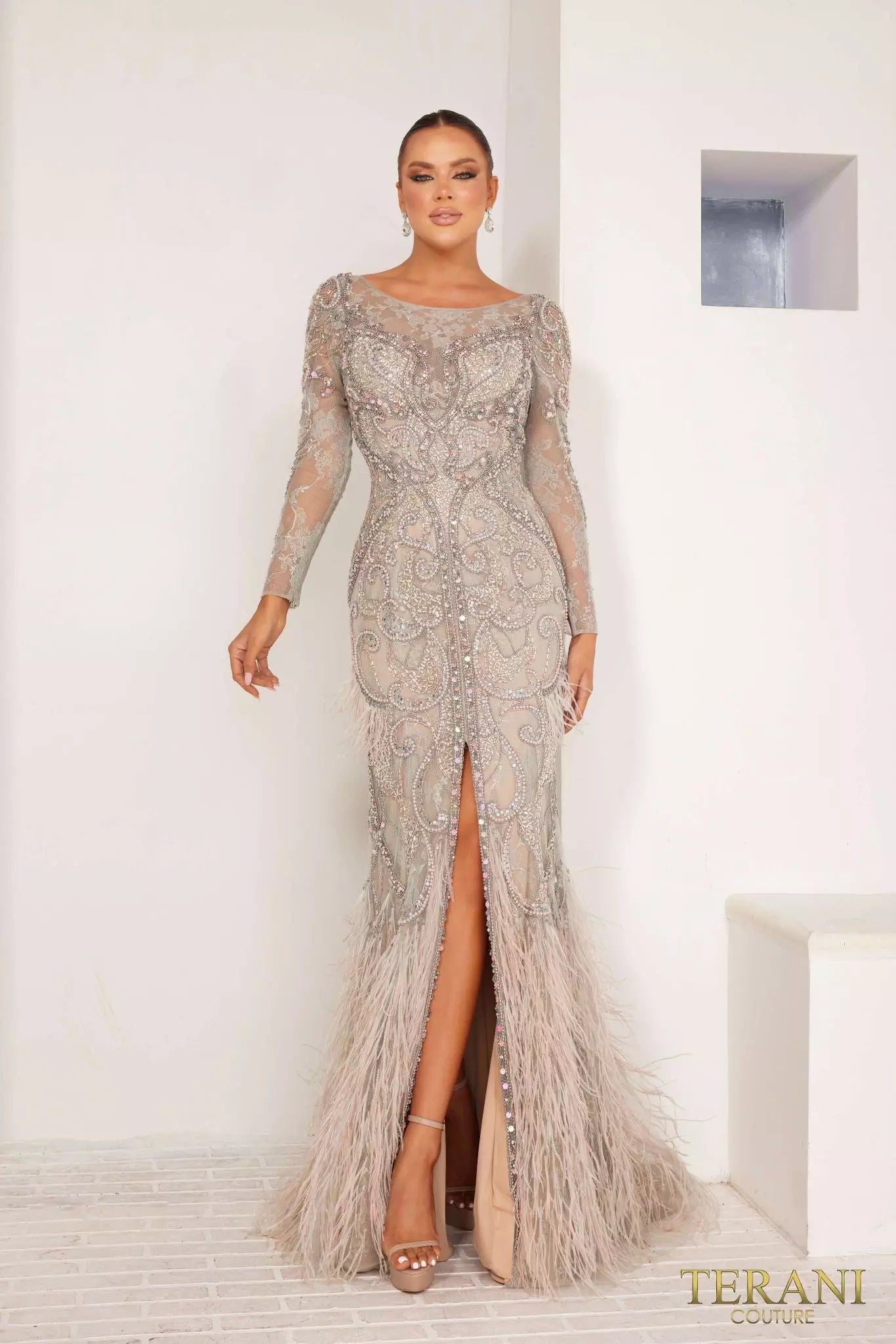 Terani Couture 241GL2698 Long Sleeves Trumpet Tulle Silver Column Evening Dress