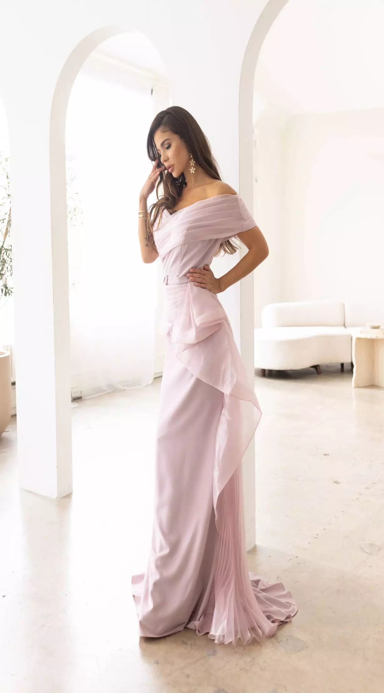 Terani Couture 241M2703 A-Line Off-Shoulder Chiffon Mink Column