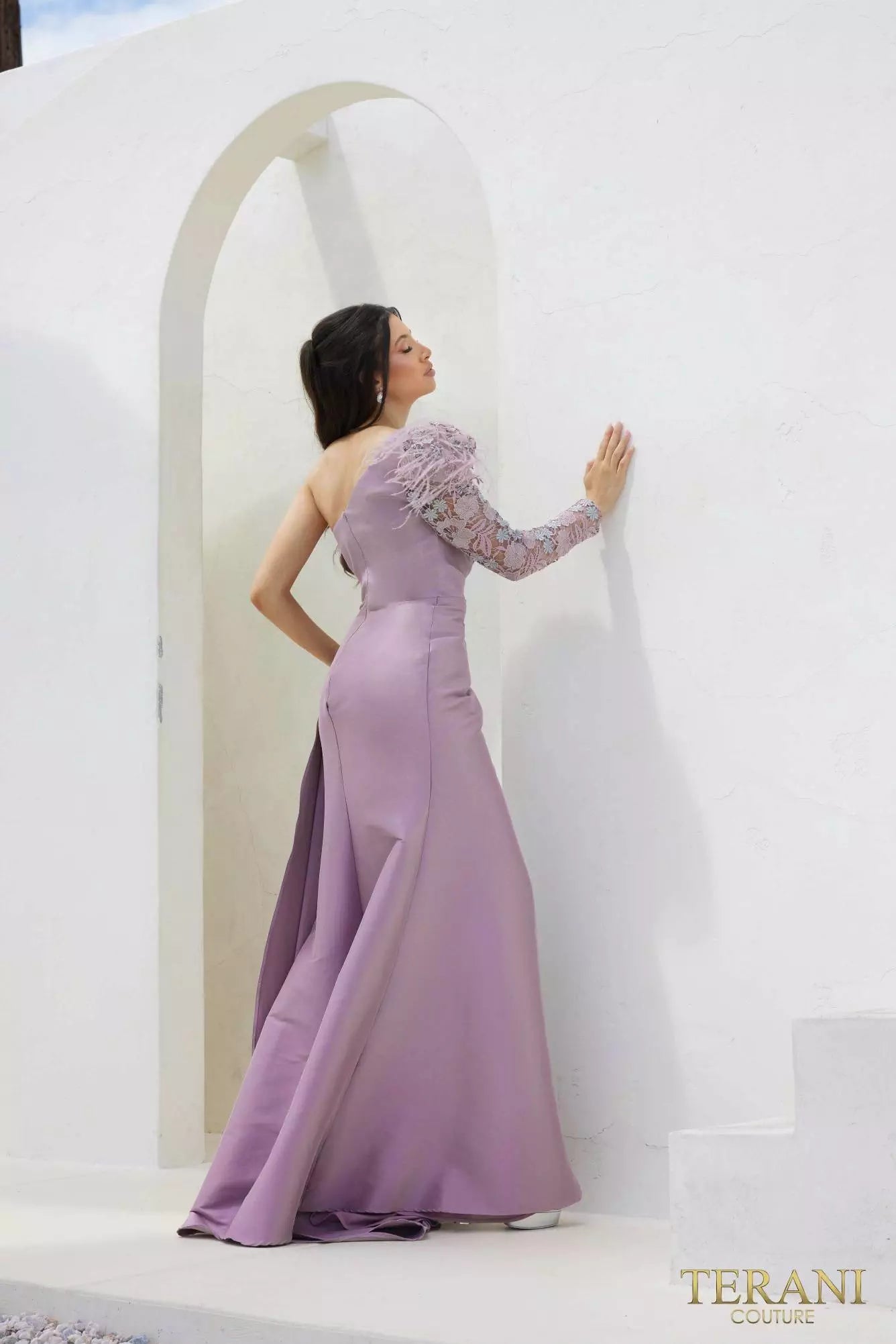 Terani Couture 241M2704 Long Sleeves Asymmetrical Rose A-Line Evening Dress B Chic Fashions Long Dress Evening Gowns
