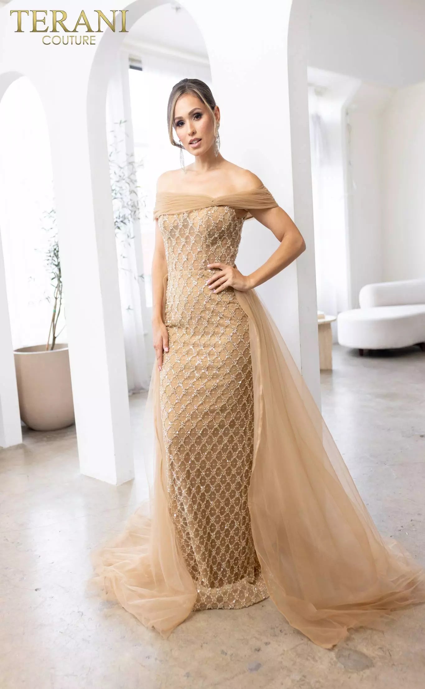 Terani Couture 241M2706 V-Line Off-Shoulder Beaded Tulle Champagne Col – B Chic Fashions