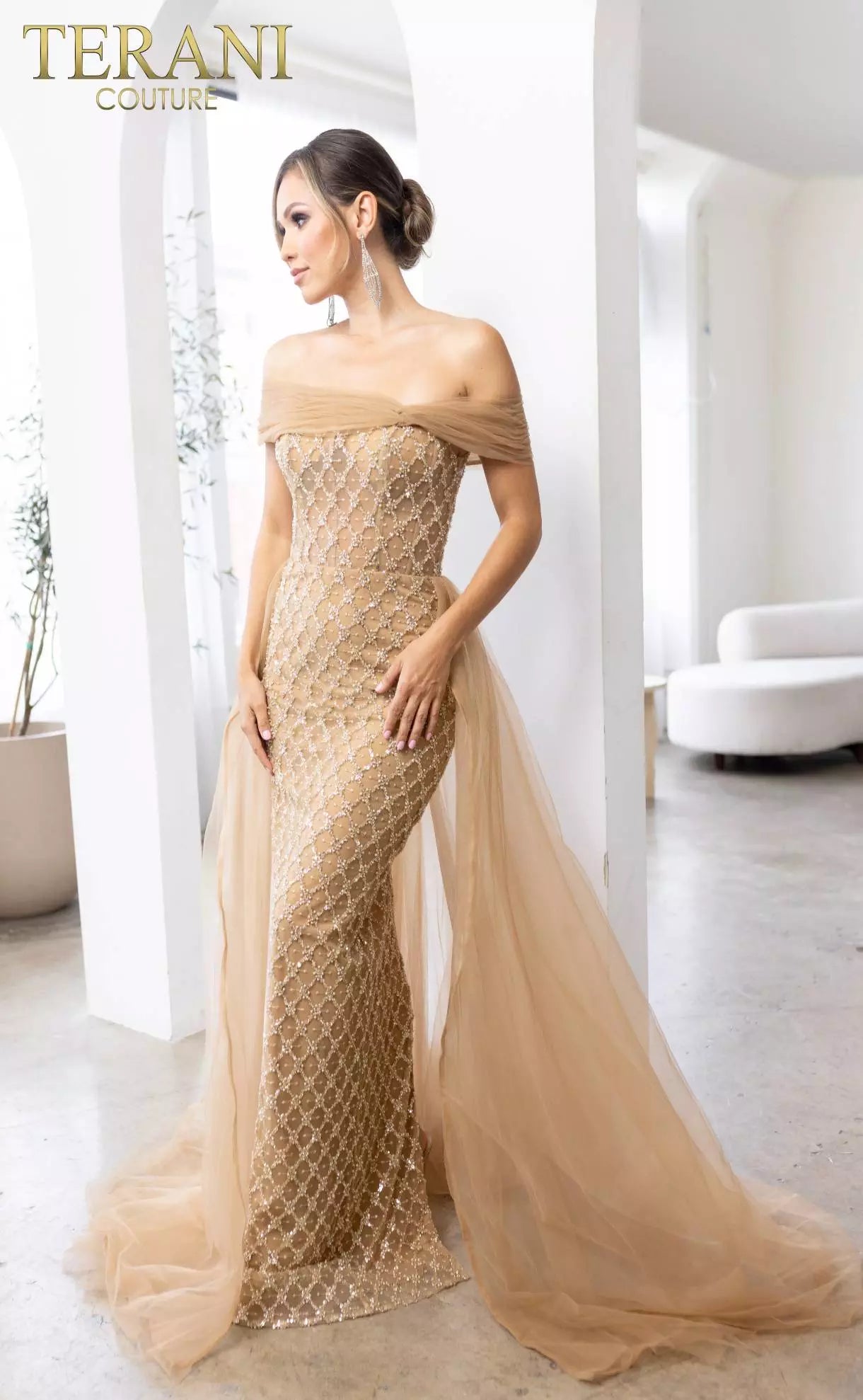 Terani Couture 241M2706 V-Line Off-Shoulder Beaded Tulle Champagne Column Evening Dress