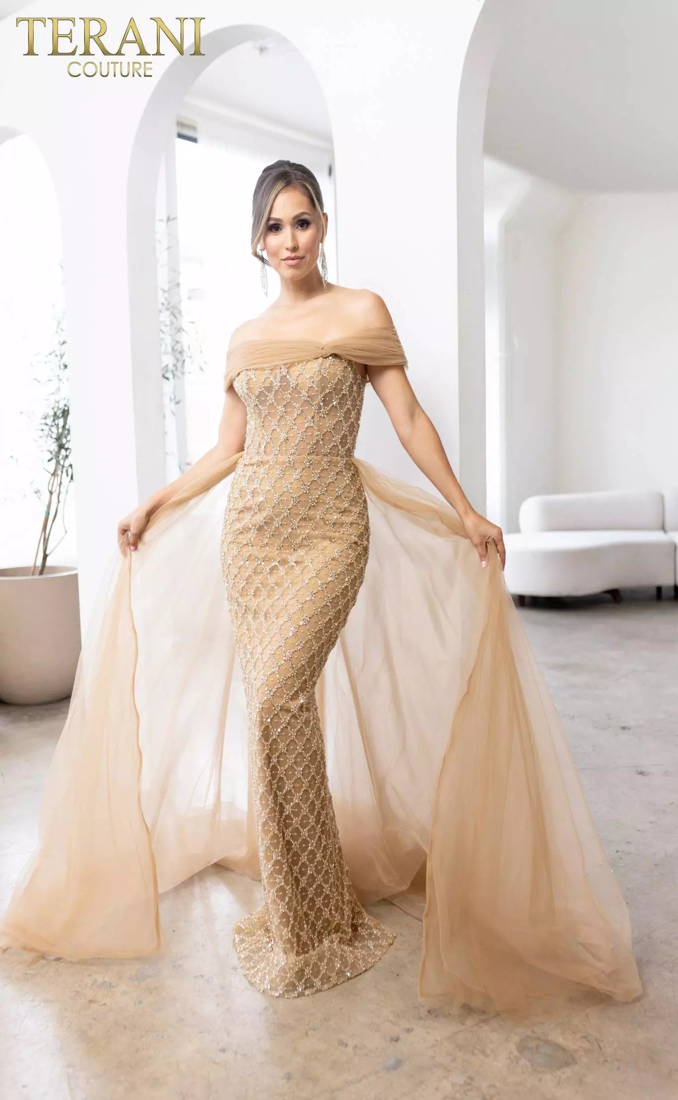 Terani Couture 241M2706 V-Line Off-Shoulder Beaded Tulle Champagne Column Evening Dress