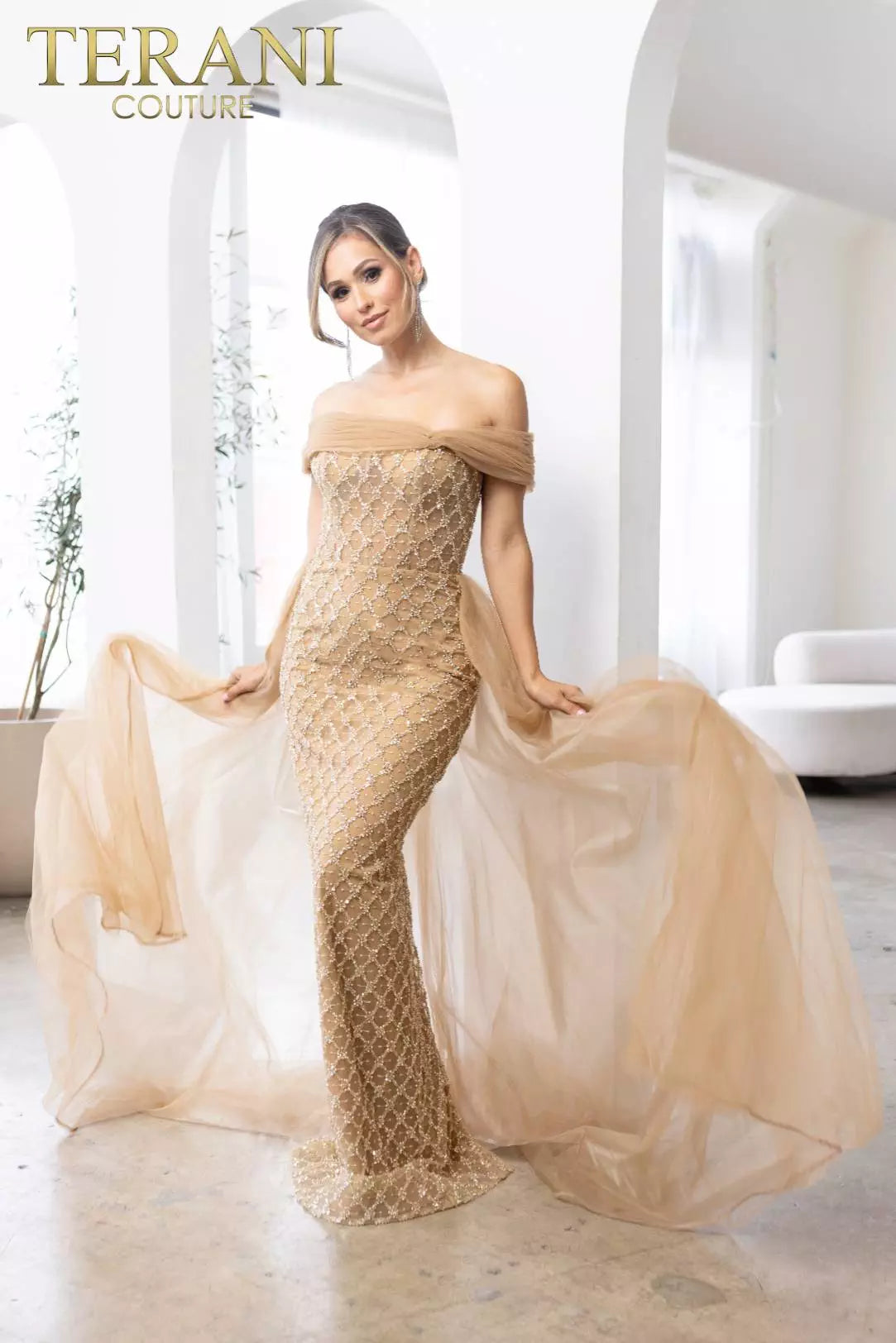 Terani Couture 241M2706 V-Line Off-Shoulder Beaded Tulle Champagne Column Evening Dress