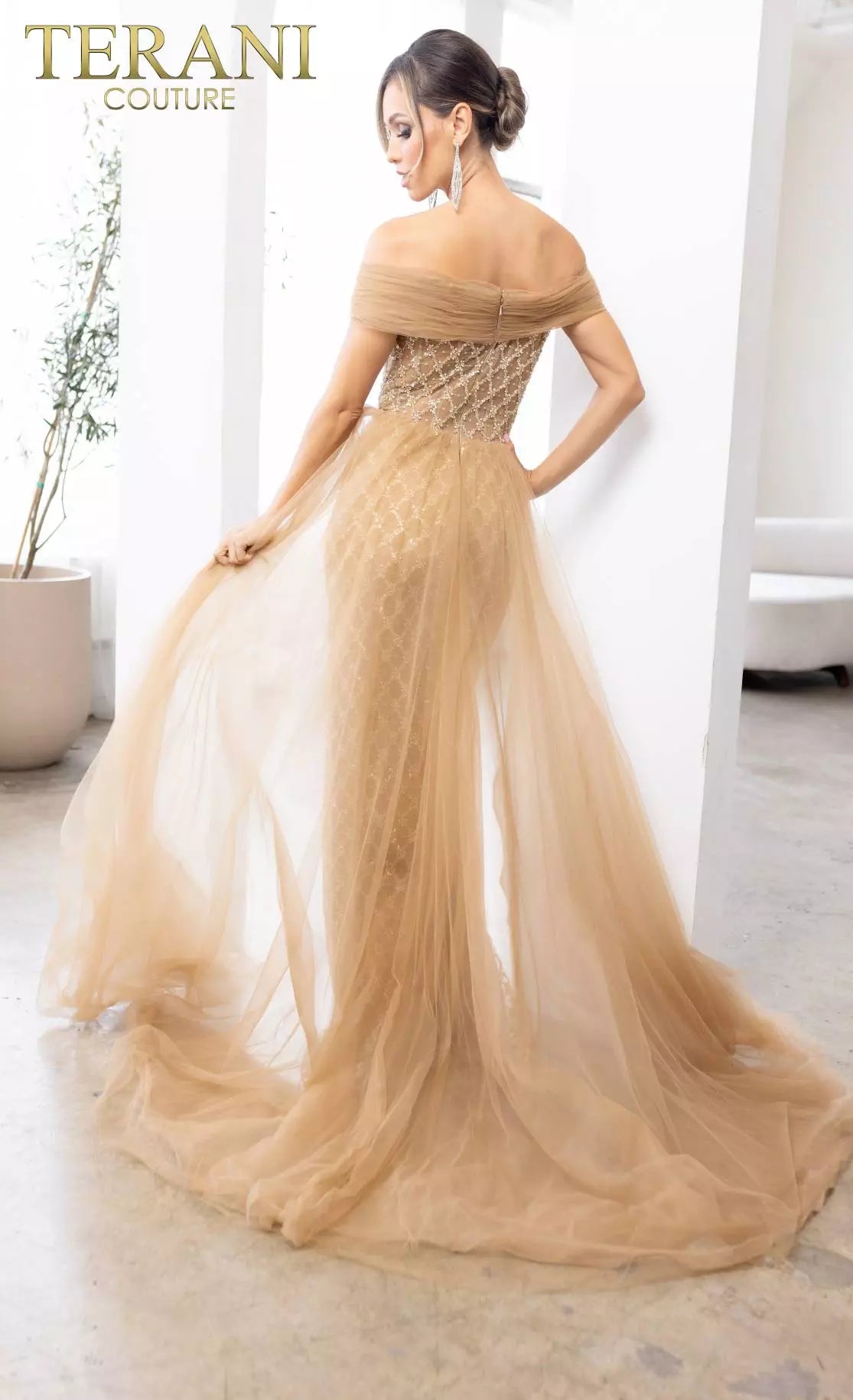 Terani Couture 241M2706 V-Line Off-Shoulder Beaded Tulle Champagne Column Evening Dress