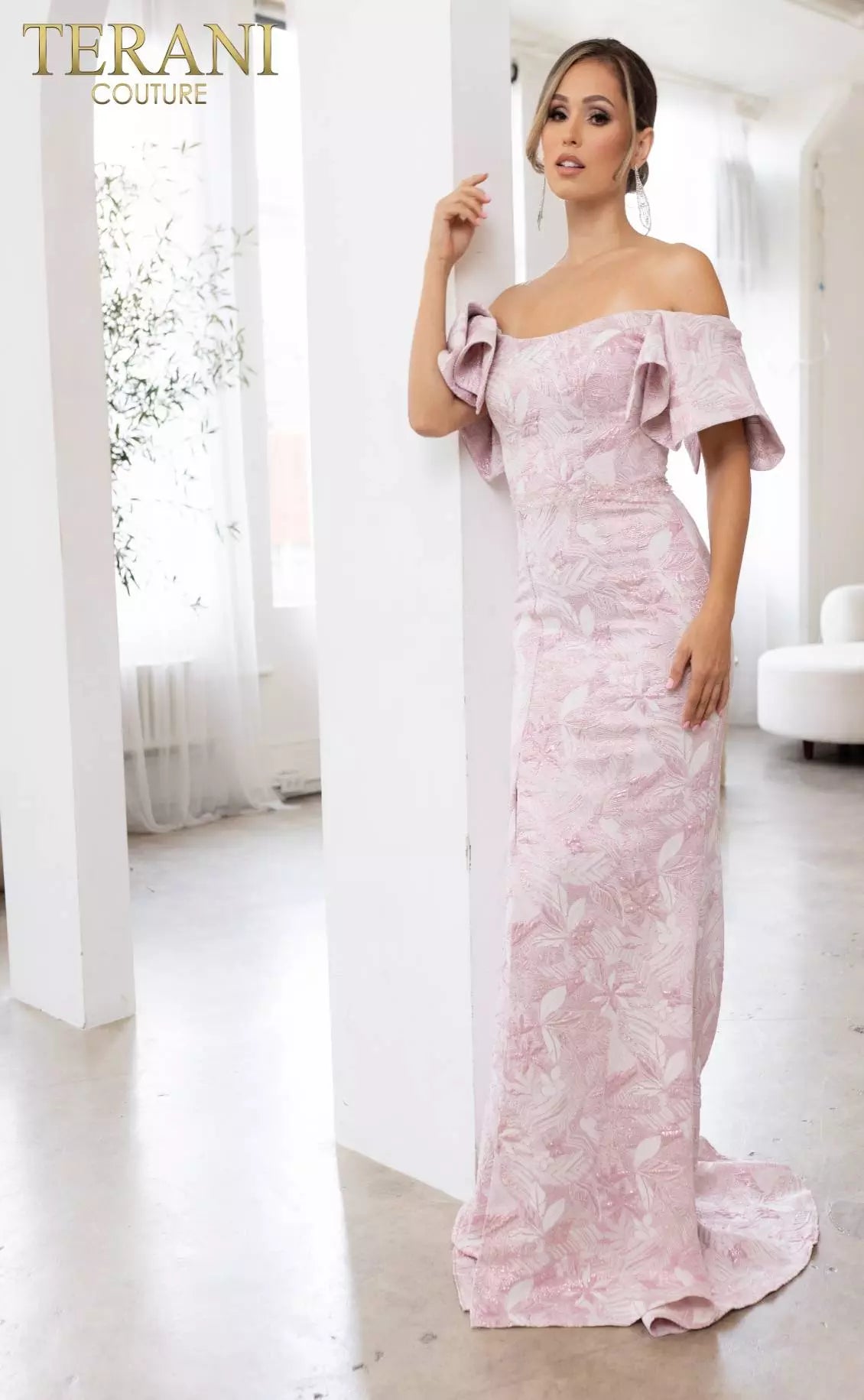 Terani Couture 241M2719 Off-Shoulder Jacquard Rose Column Evening Dress