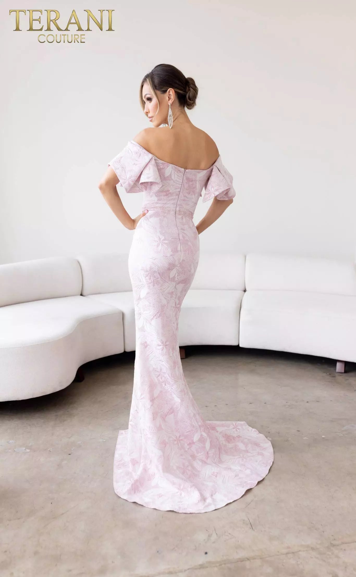 Terani Couture 241M2719 Off-Shoulder Jacquard Rose Column Evening Dress