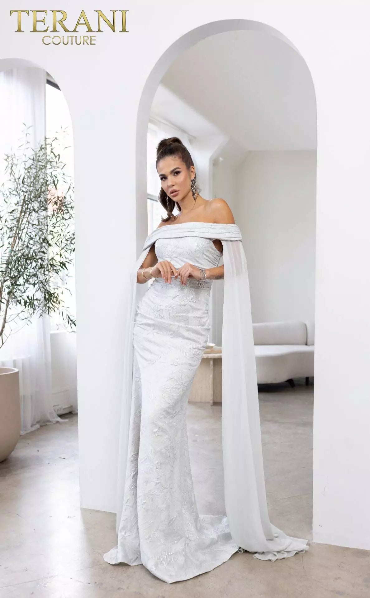 Terani Couture 241M2721 Off-Shoulder Jacquard Silver Column Evening Dress