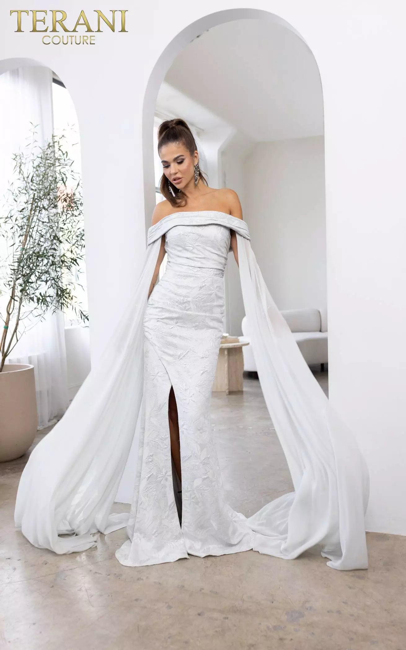 Terani Couture 241M2721 Off-Shoulder Jacquard Silver Column Evening Dress