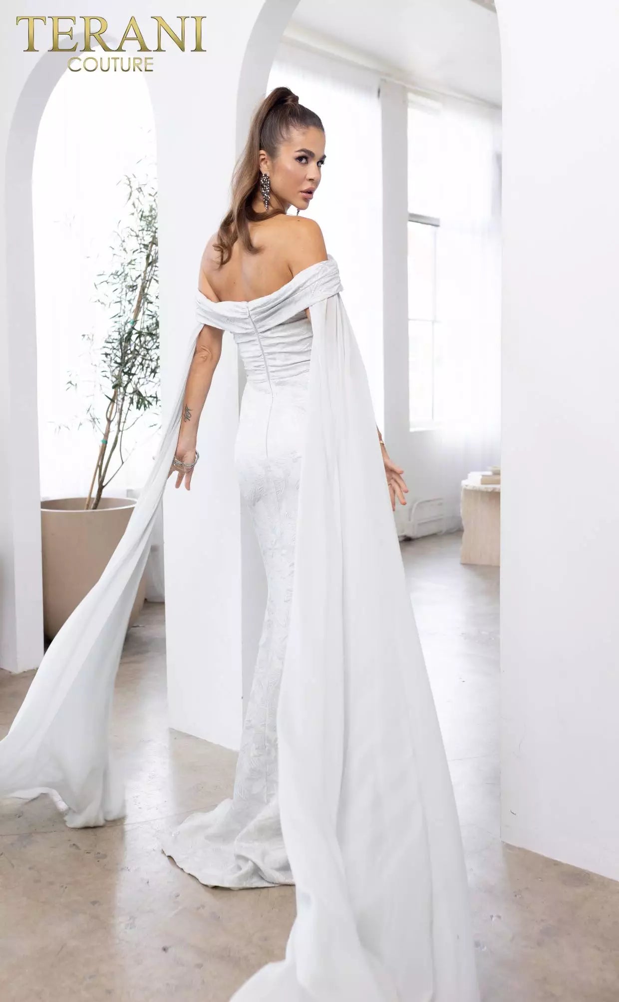 Terani Couture 241M2721 Off-Shoulder Jacquard Silver Column Evening Dress