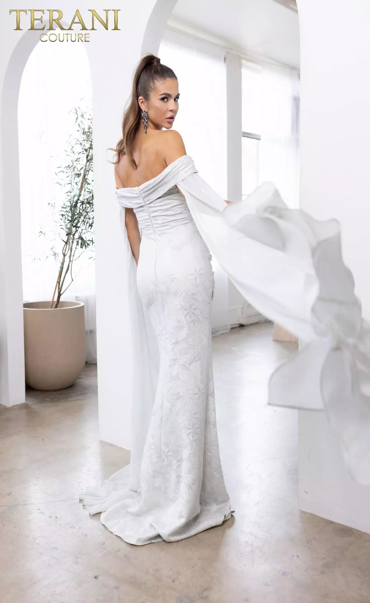 Terani Couture 241M2721 Off-Shoulder Jacquard Silver Column Evening Dress