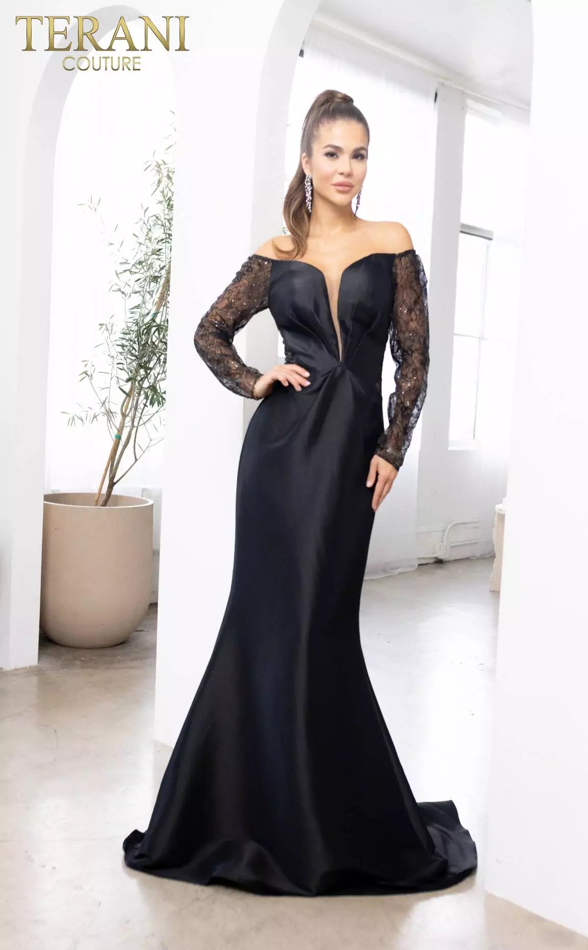 Terani Couture 241M2734 Long Sleeves Trumpet Off-Shoulder Column Evening Dress