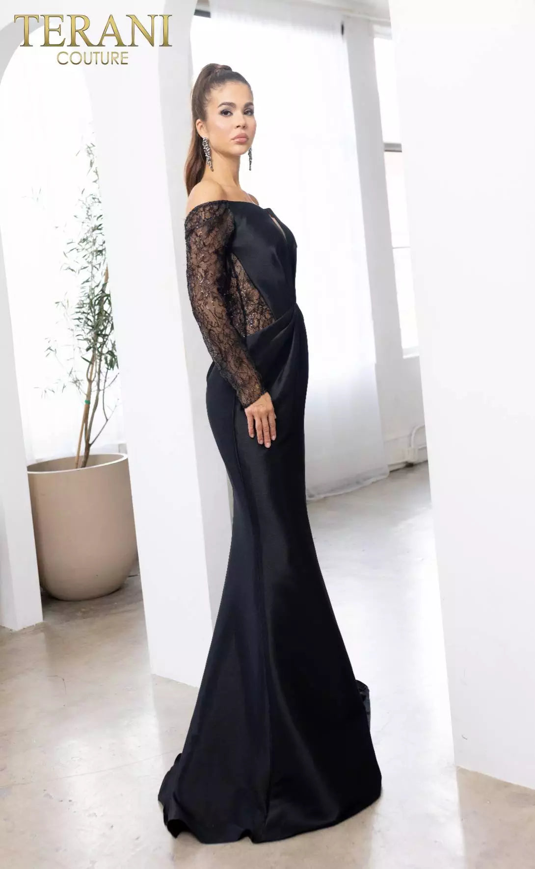 Terani Couture 241M2734 Long Sleeves Trumpet Off-Shoulder Column Evening Dress