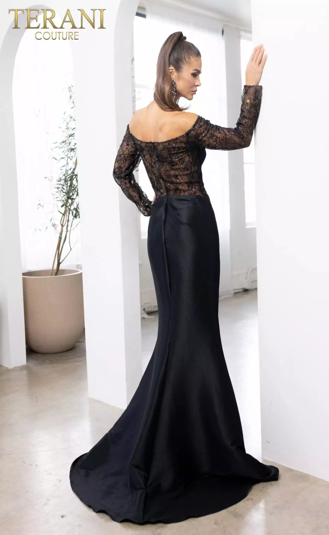 Terani Couture 241M2734 Long Sleeves Trumpet Off-Shoulder Column Evening Dress