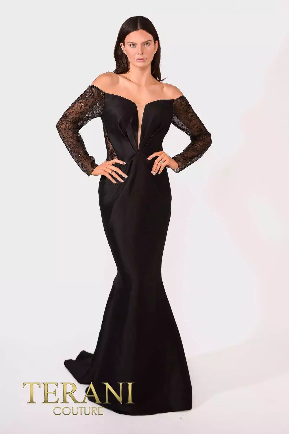 Terani Couture 241M2734 Long Sleeves Trumpet Off-Shoulder Column Evening Dress