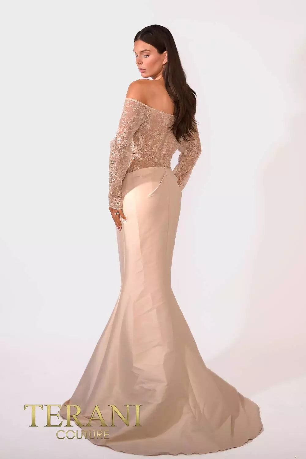 Terani Couture 241M2734 Long Sleeves Trumpet Off-Shoulder Column Evening Dress