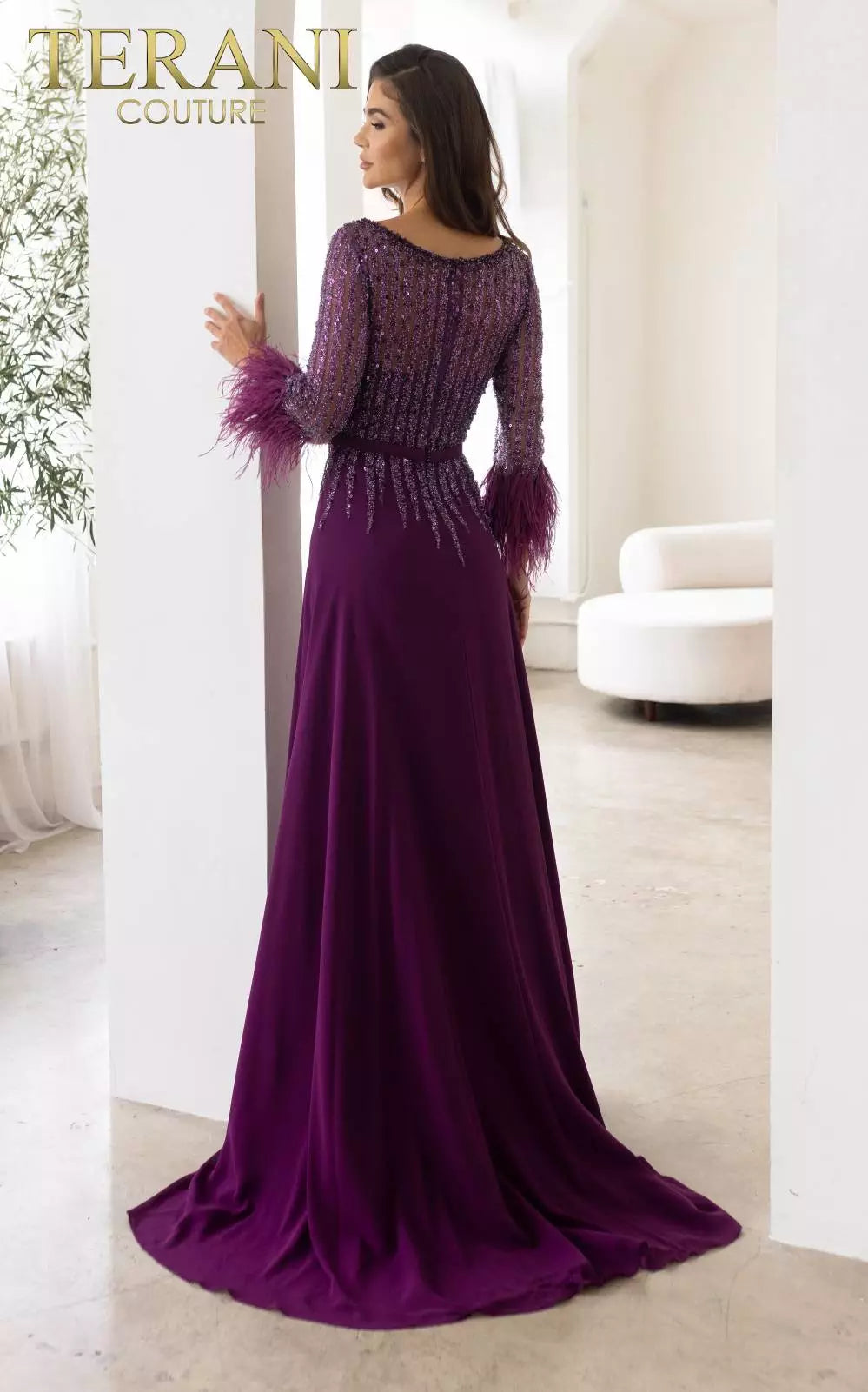 Terani Couture 241M2738 Sheath 3/4 Sleeve Dressess Chiffon Column Evening Dress