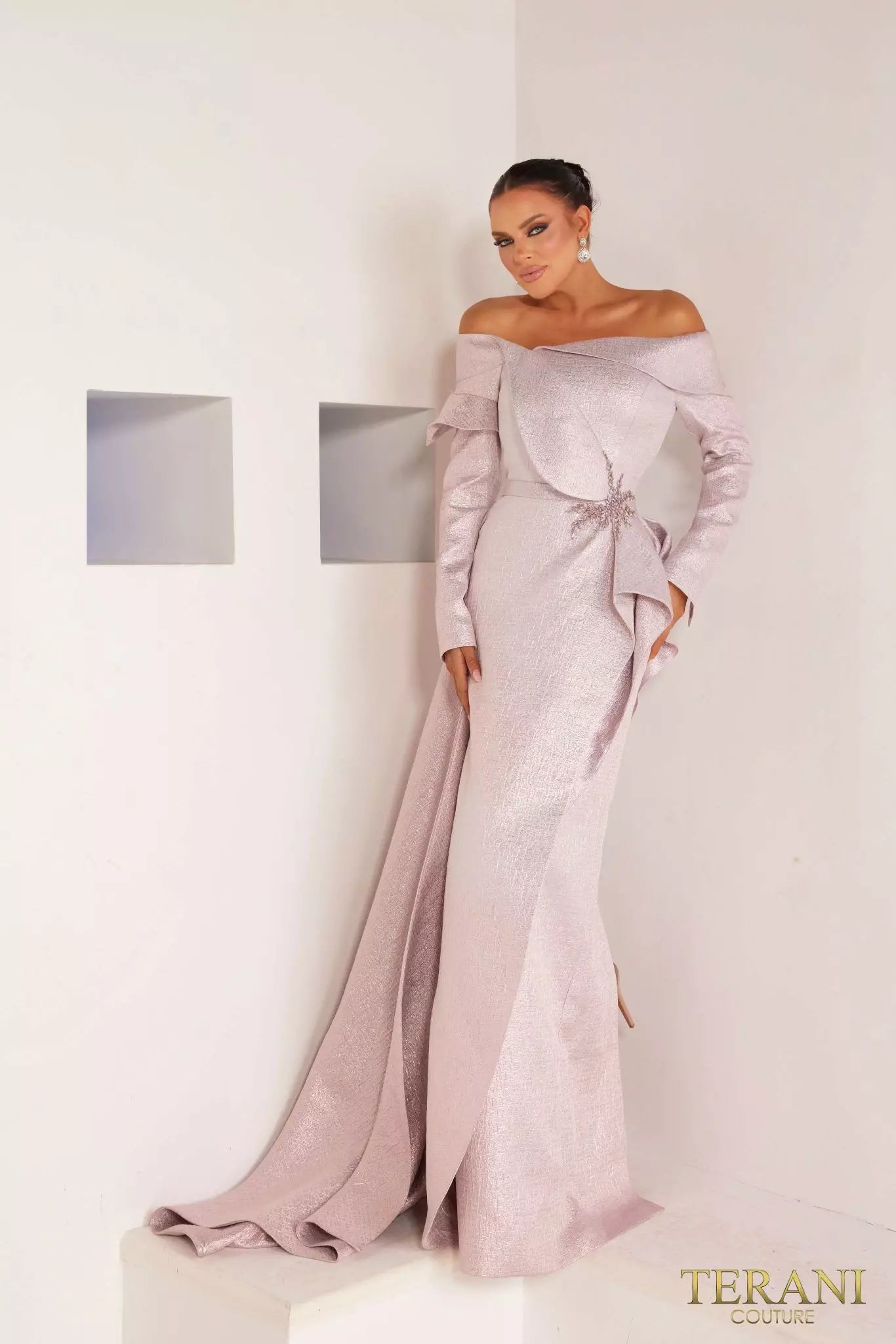Terani Couture 241M2743 Long Sleeves V-Line Off-Shoulder Rose Gold Column Evening Dress B Chic Fashions Long Dress Evening Gowns