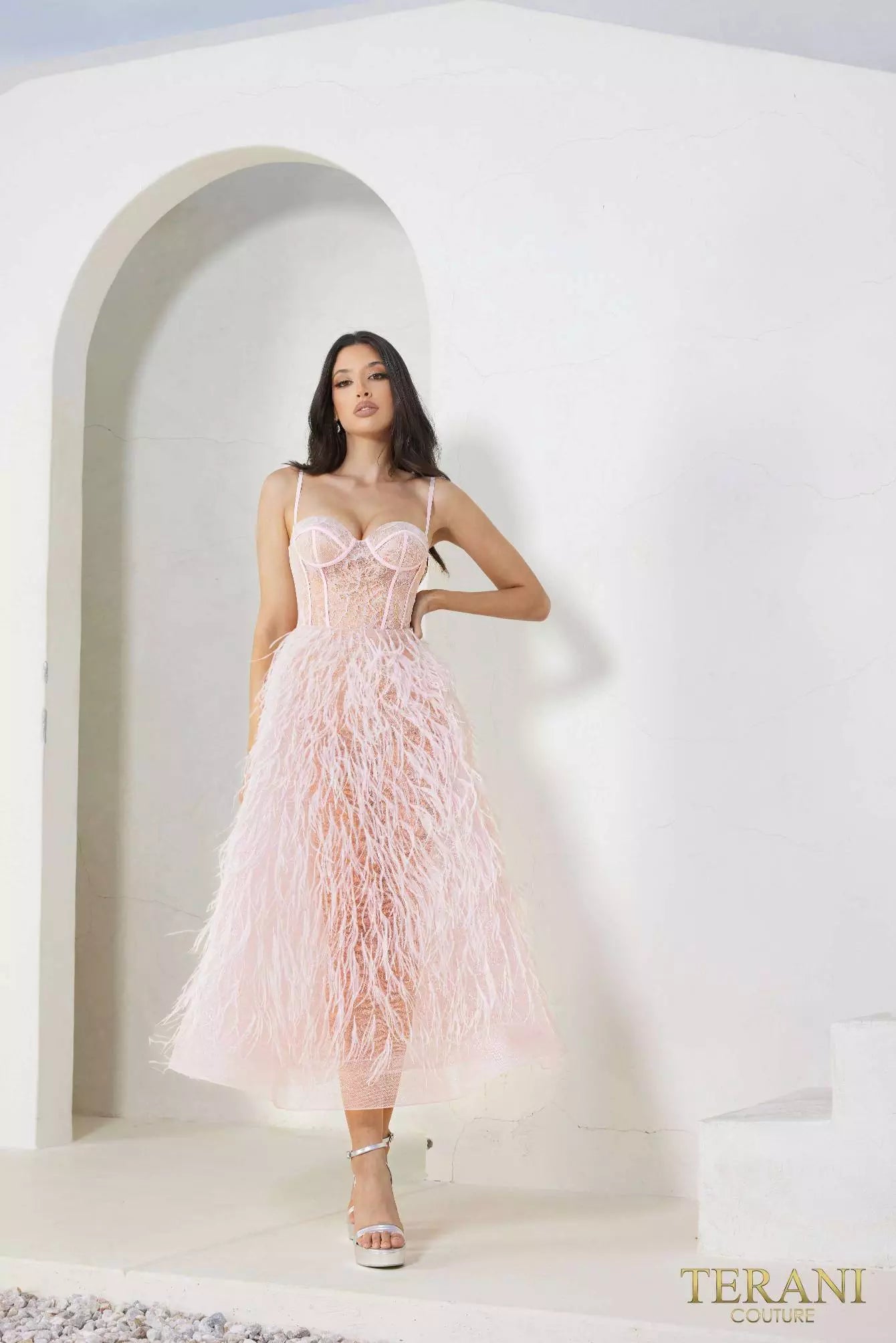 Terani Couture 241P2022 A-Line Spaghetti Sleeveless Tea-Length Luffa Prom Dress
