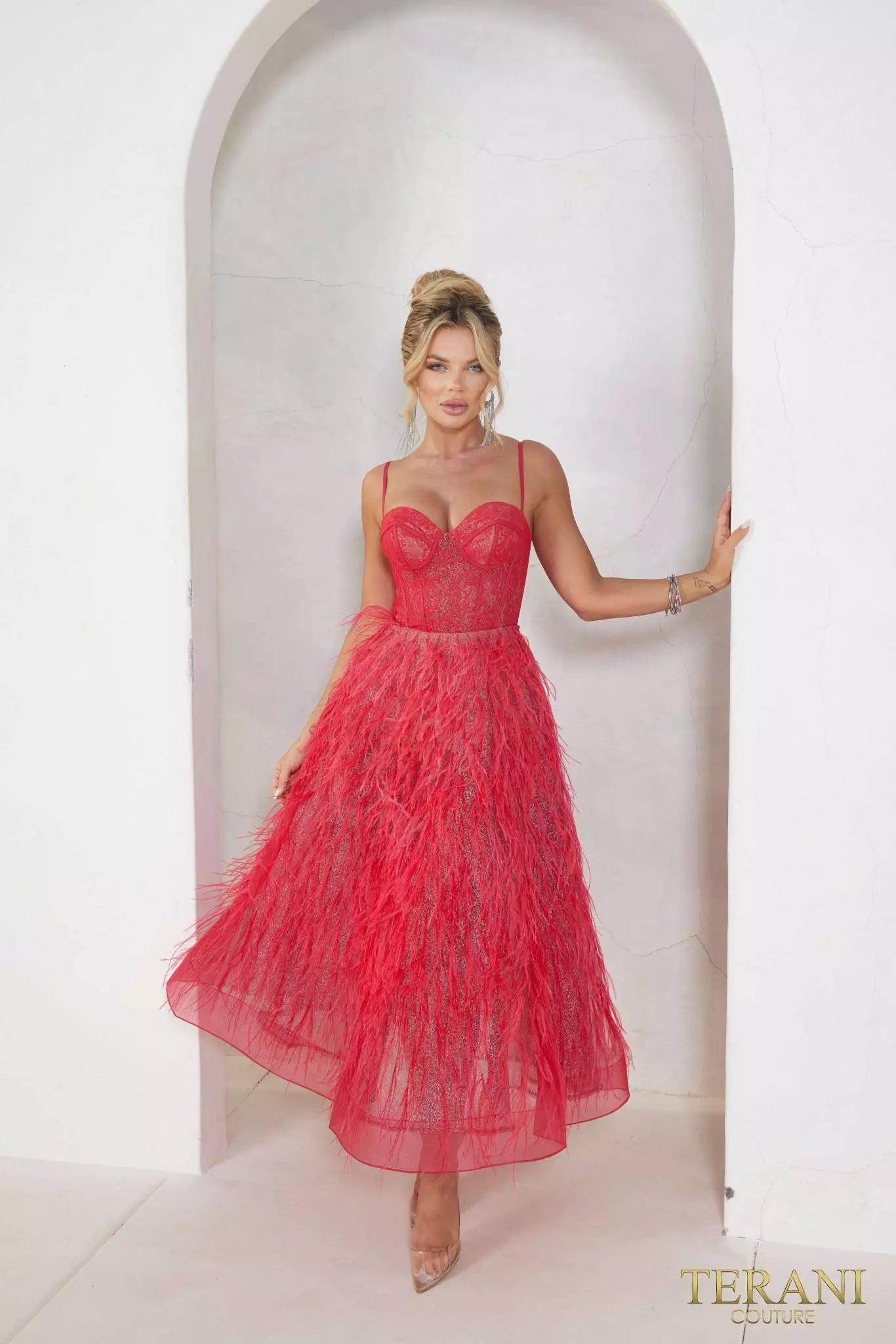 Terani Couture 241P2022 A-Line Spaghetti Sleeveless Tea-Length Luffa Prom Dress