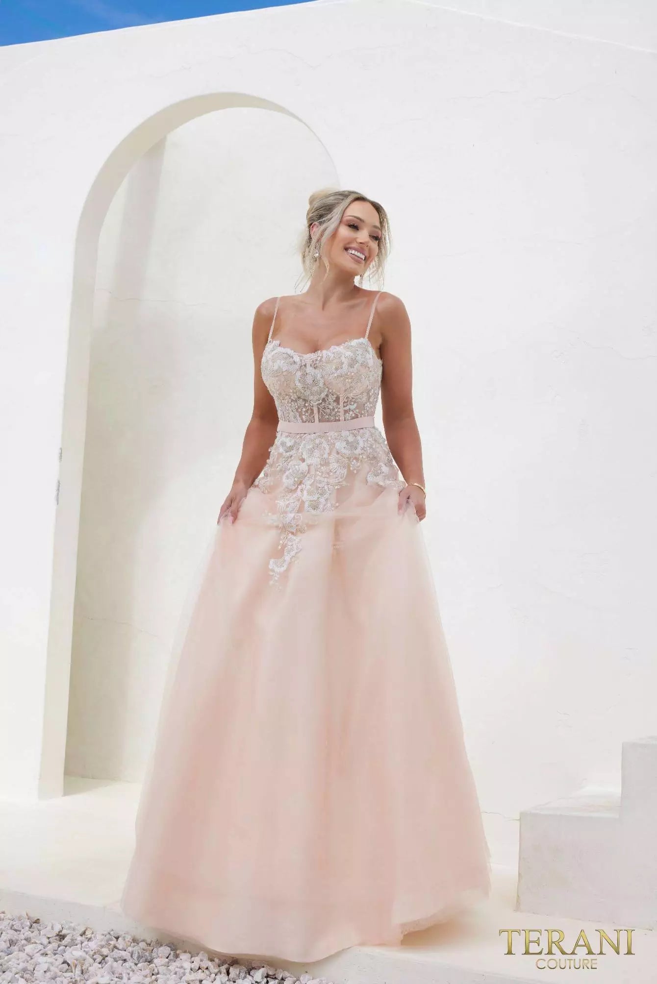 Terani Couture 241P2025 Spaghetti Sleeveless Tulle Blush Ballgown Prom Dress