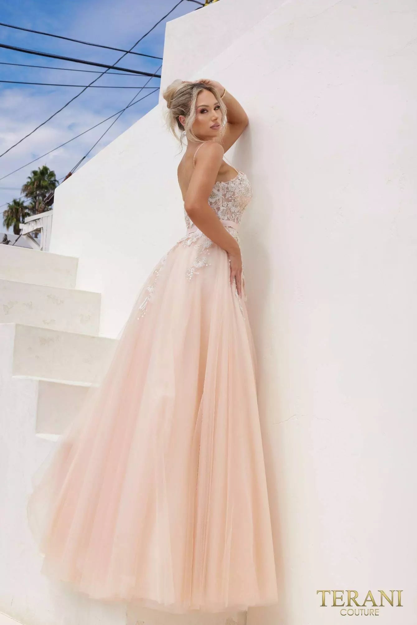 Terani Couture 241P2025 Spaghetti Sleeveless Tulle Blush Ballgown Prom Dress