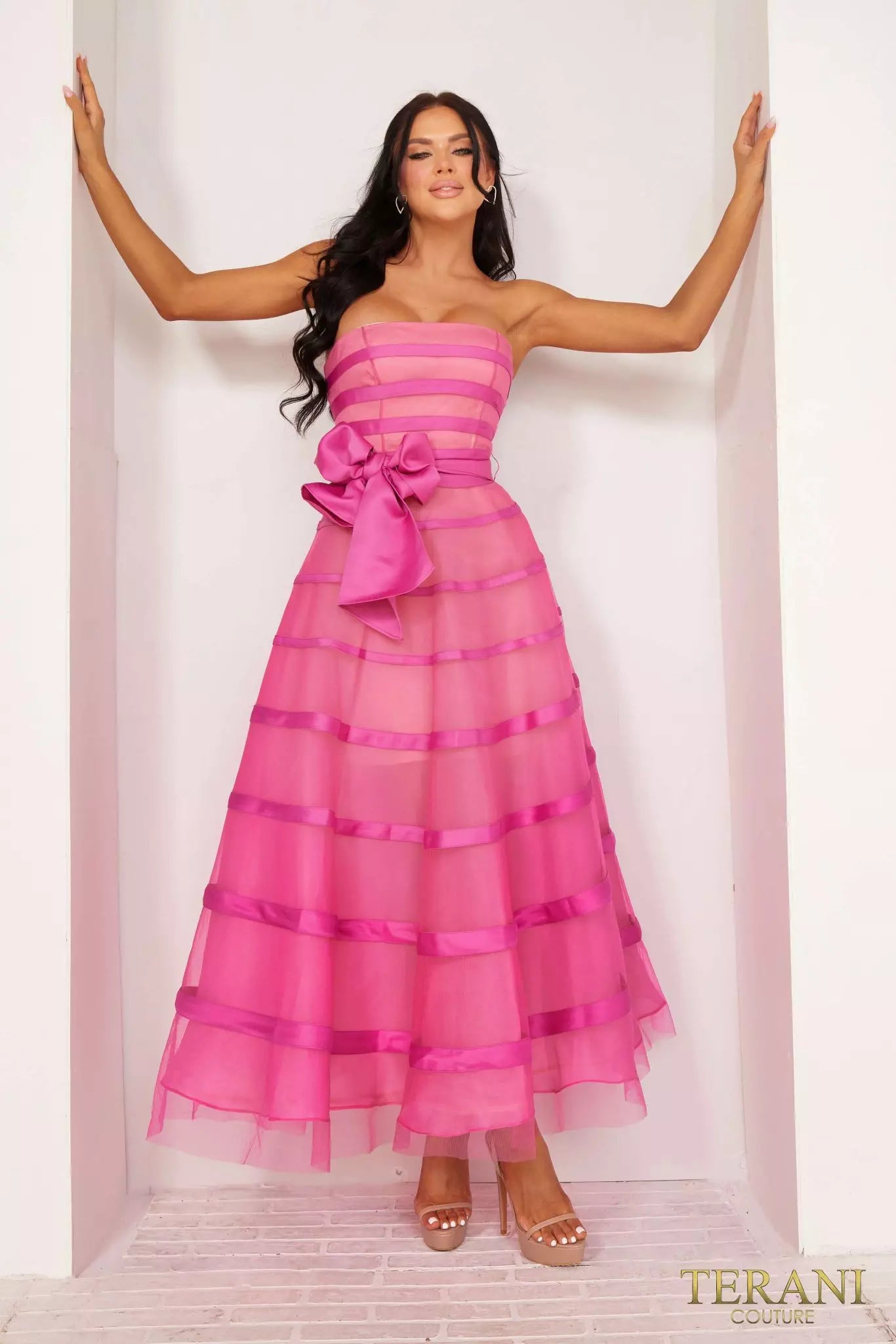 Terani Couture 241P2044 A-Line Strapless Embroidered Tea-Length Fuchsia Prom Dress