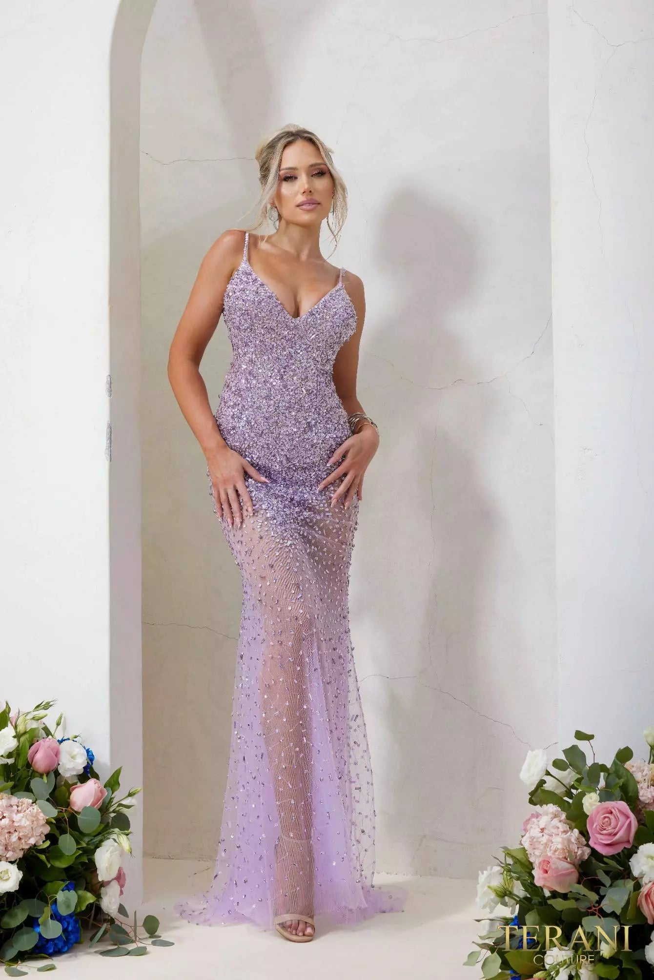 Terani Couture 241P2071 Plunging Neckline Bodycon Sleeveless Tulle Long Prom Dress B Chic Fashions Long Dress Evening Gowns
