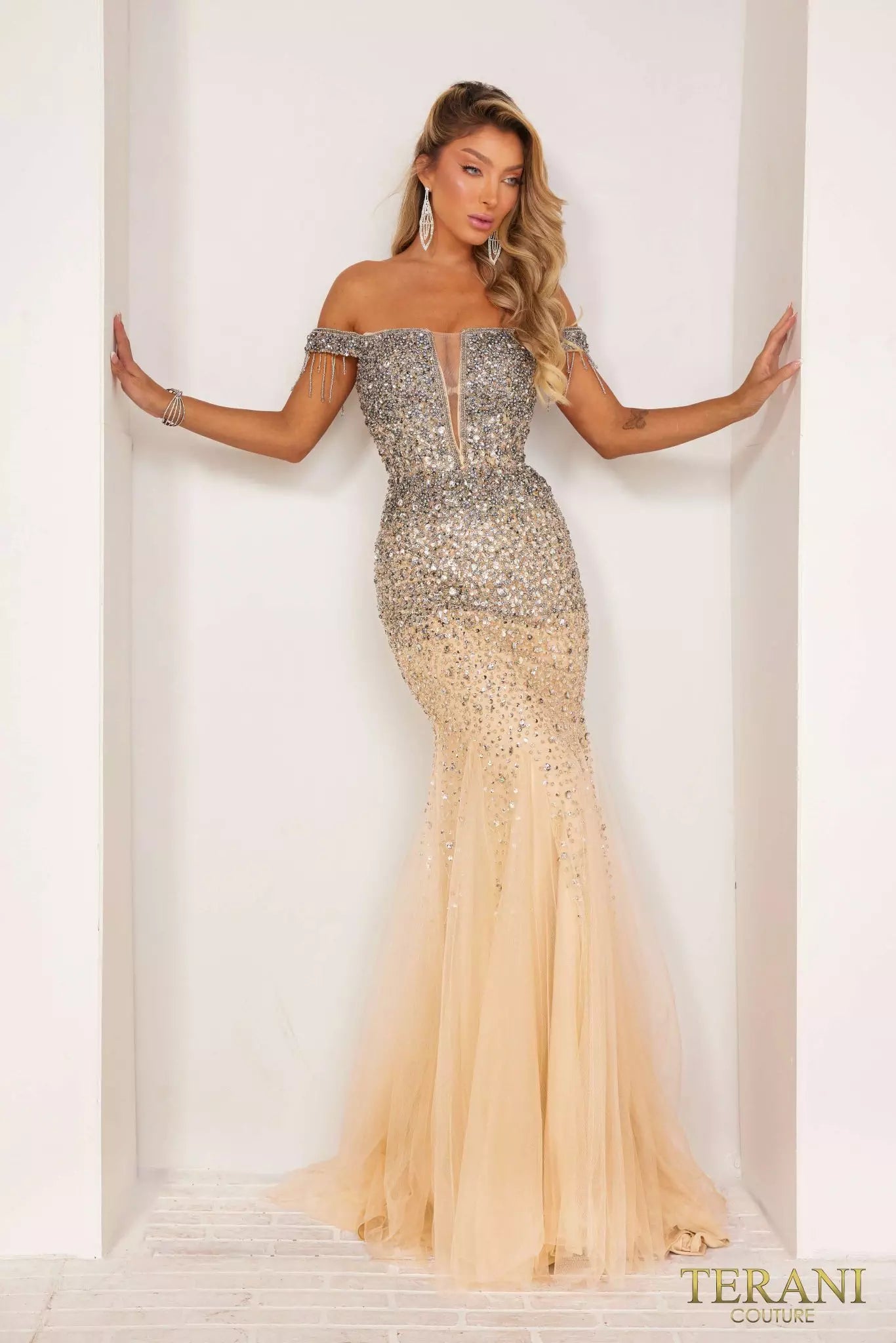 Terani Couture 241P2095 Off-Shoulder Bodycon Tulle Long Prom Dress