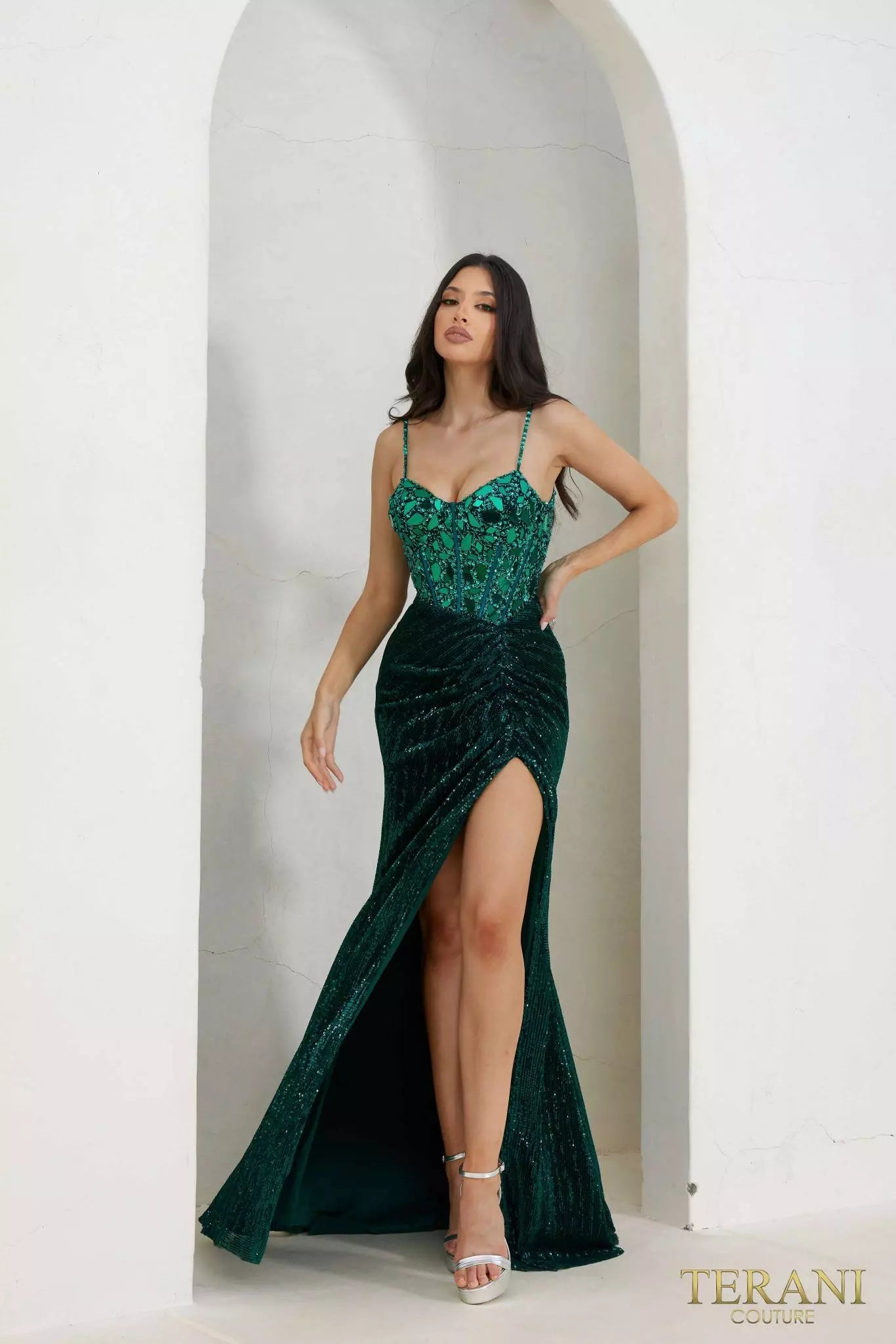Terani Couture 241P2119 Spaghetti Bodycon Sleeveless Sequin Tulle Long Prom Dress