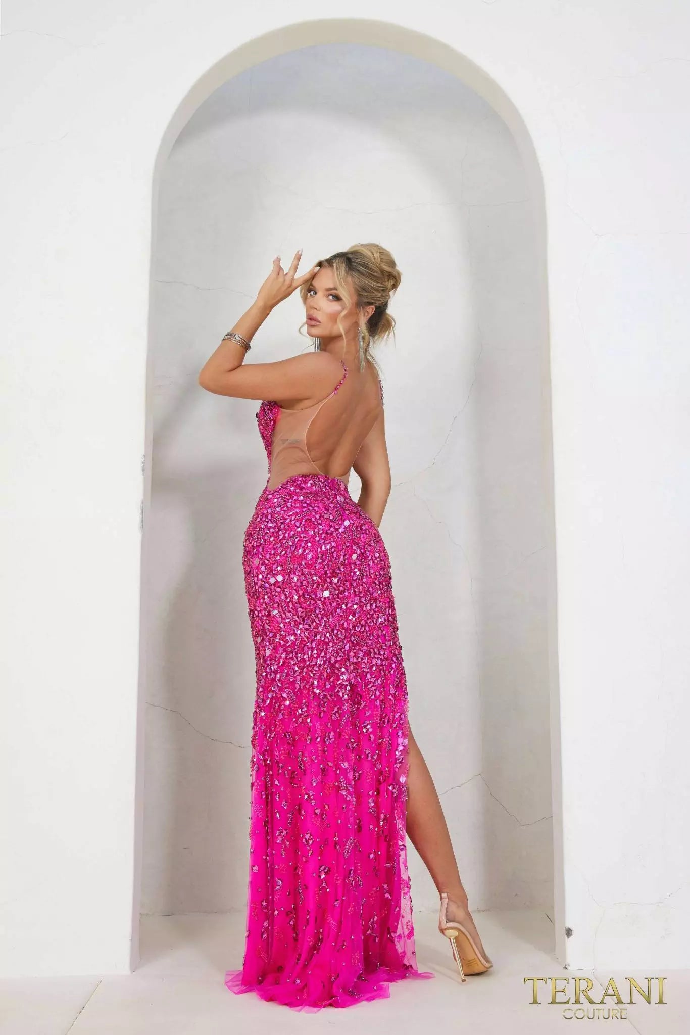 Terani Couture 241P2163 Sleeveless Plunging Neckline Bodycon Tulle Long Prom Dress