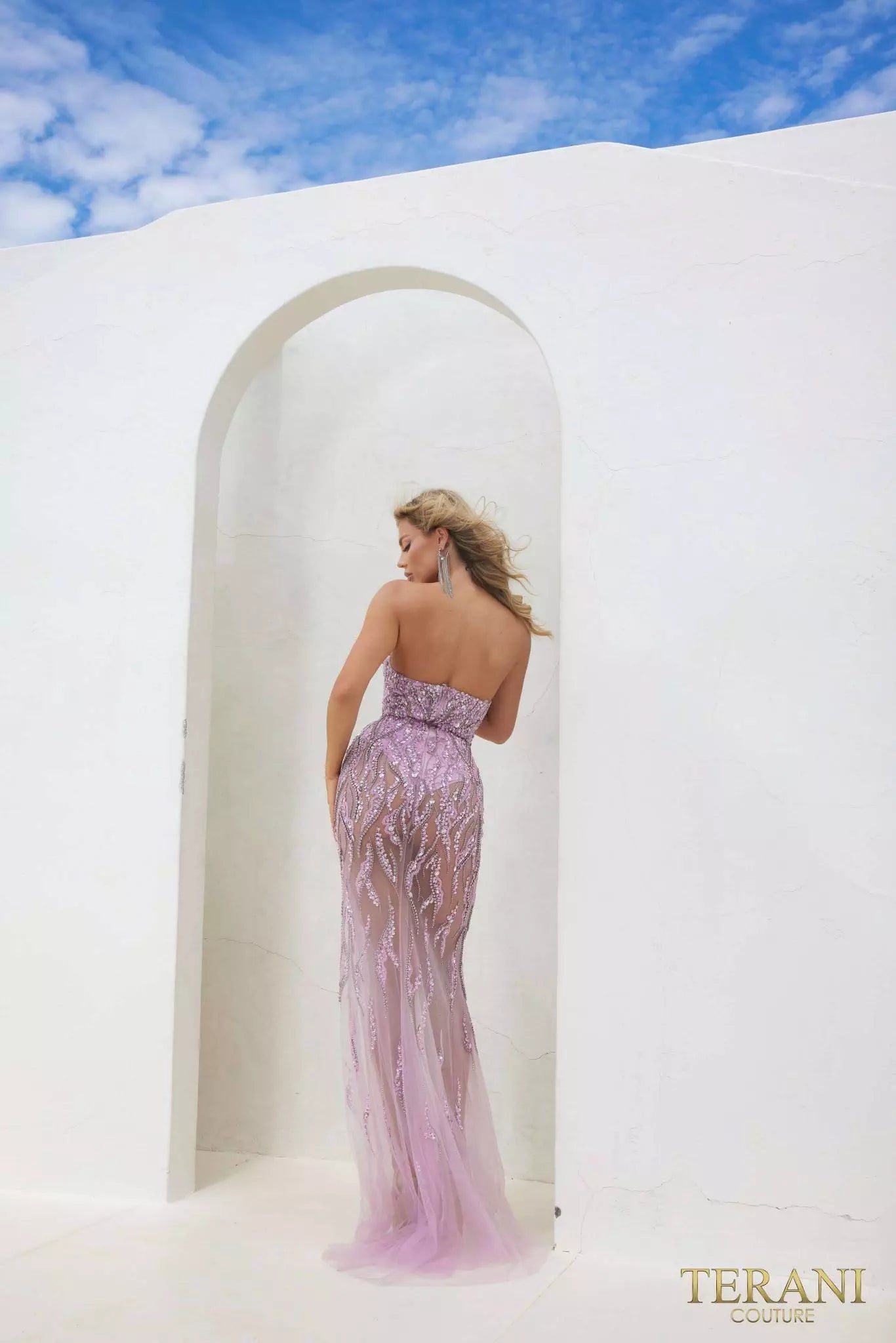 Terani Couture 241P2168 Sleeveless Bodycon Tulle Lilac Silver Long Prom Dress