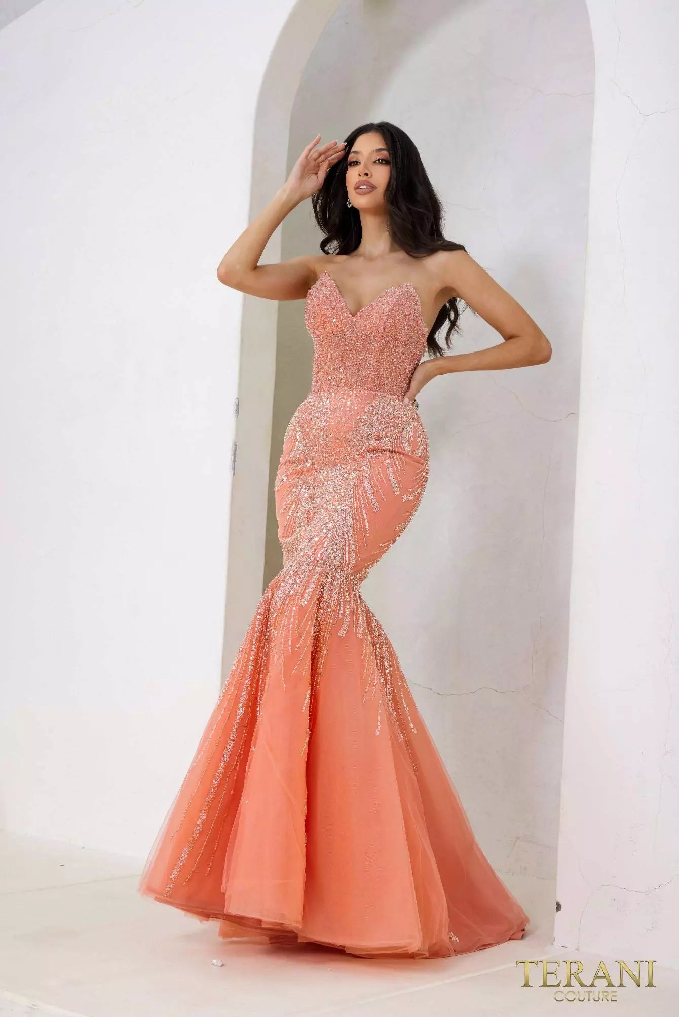 Terani Couture 241P2171 Strapless Mermaid Tulle Long Prom Dress