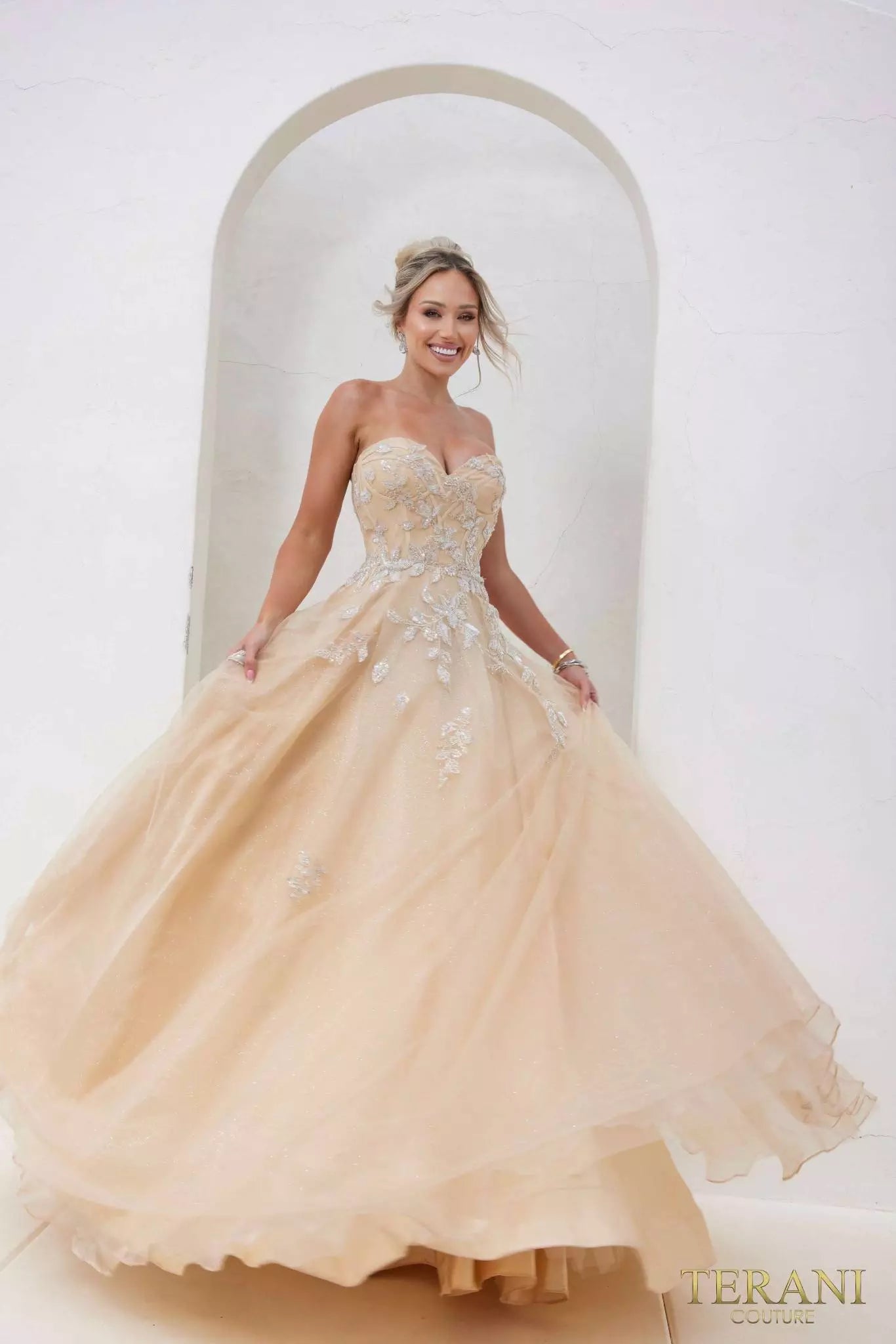 Terani Couture 241P2216 Off-Shoulder Glitter Tulle Champagne Ballgown Prom Dress