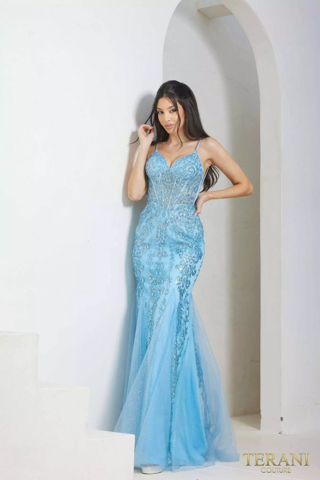 Terani Couture 241P2294 Sleeveless Spaghetti Trumpet Long Prom Dress