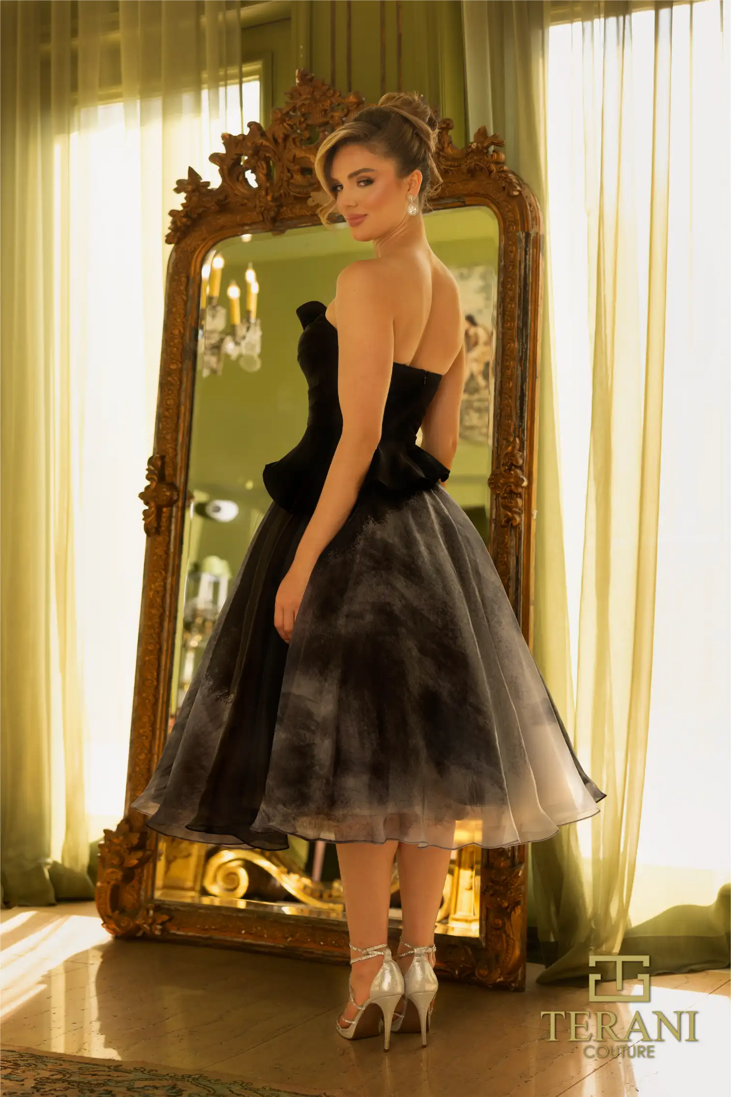 Terani Couture 242C3011 Silver Black Matte Satin Strapless Cocktail Dress